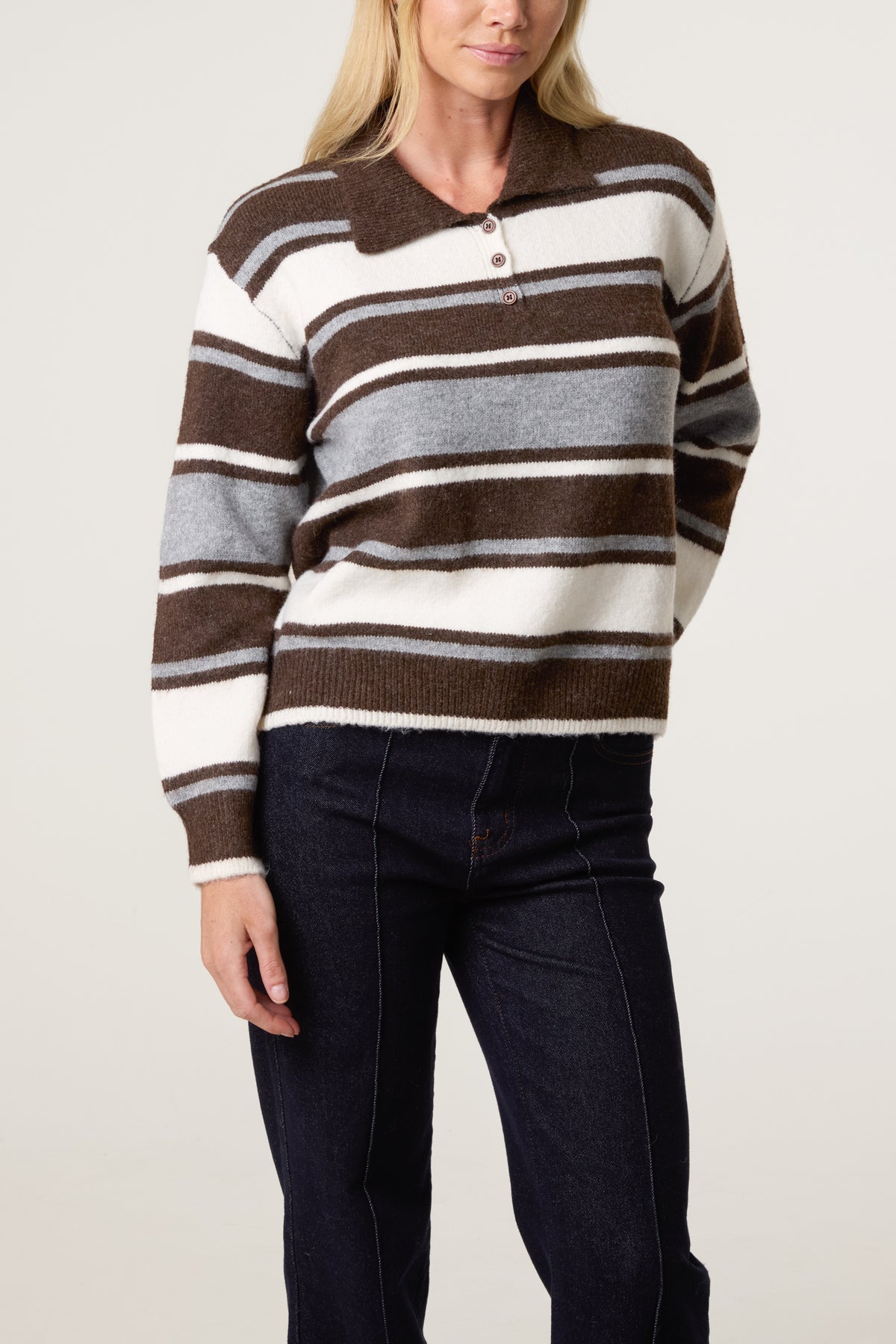 Striped Long Sleeve Polo Collar Jumper