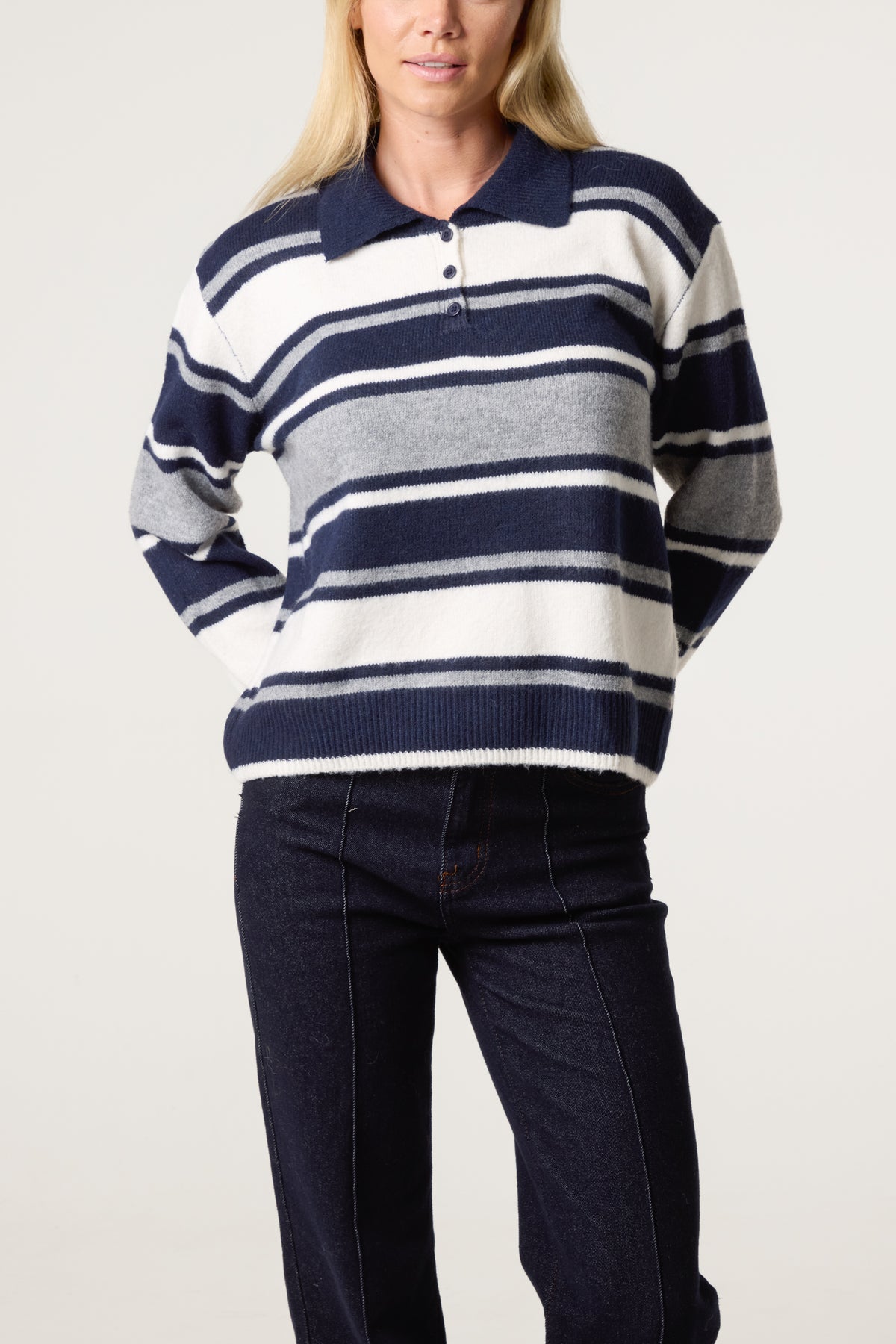 Striped Long Sleeve Polo Collar Jumper