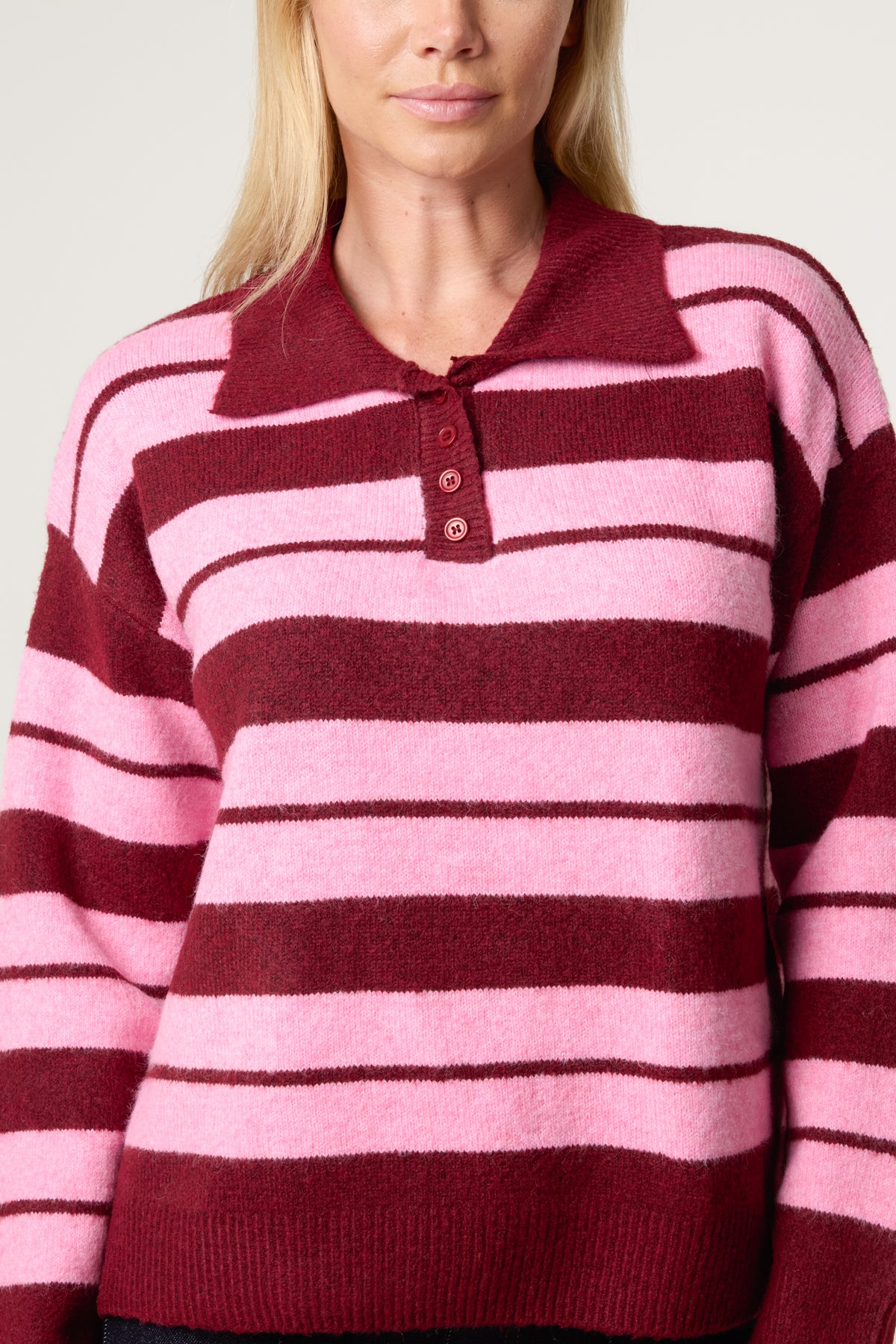 Striped Buttoned Polo Collar Jumper