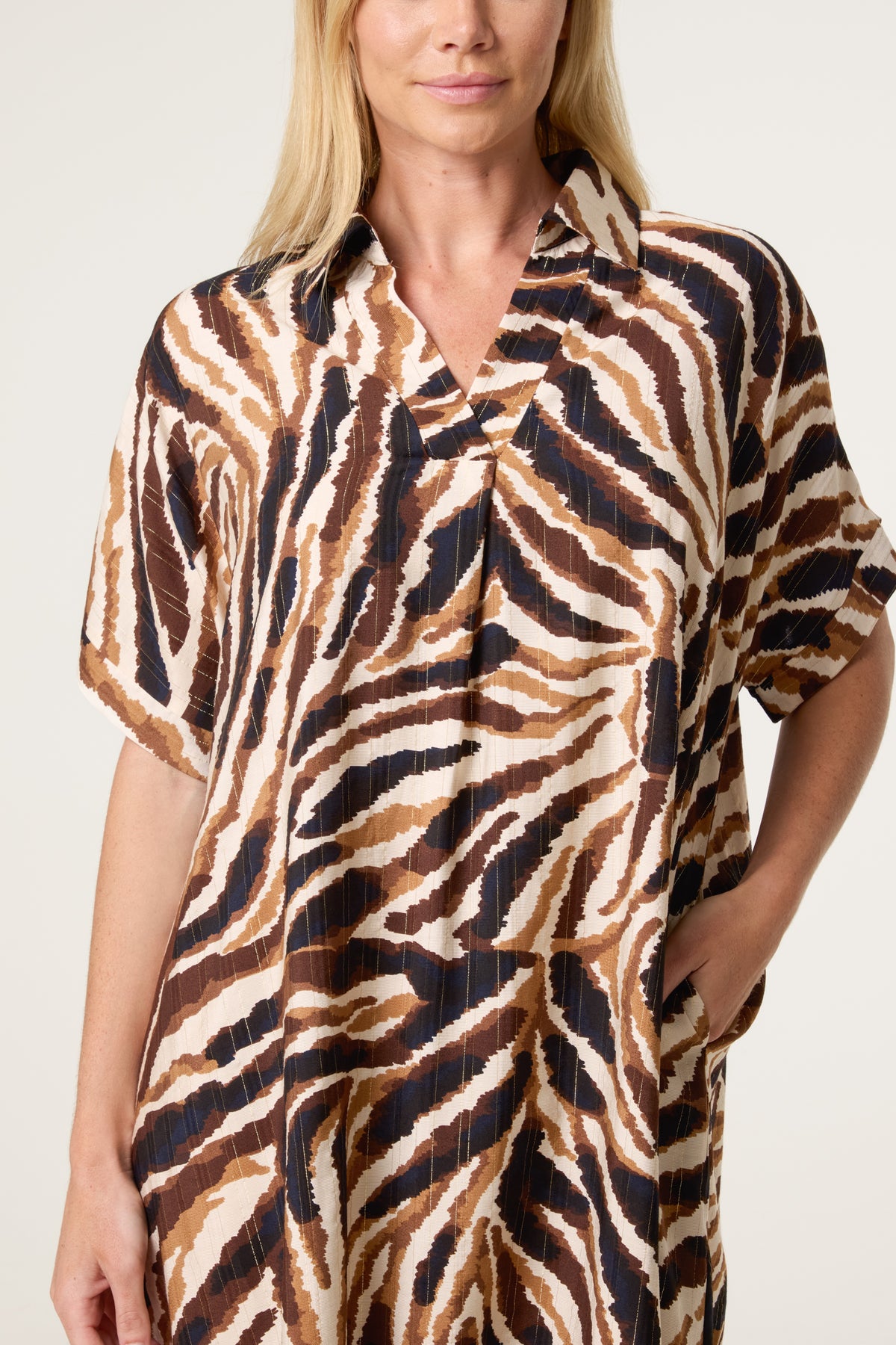 V-Neck Collar Metallic Zebra Print Midi Dress