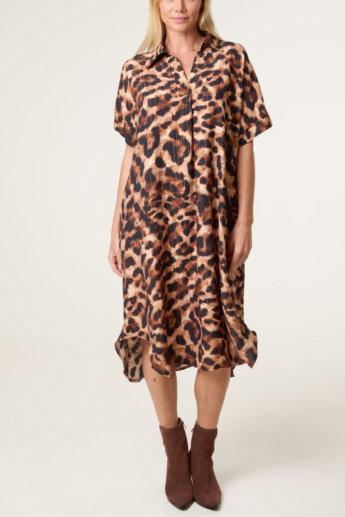 Metallic Leopard Print Short Sleeve Shirt Dress