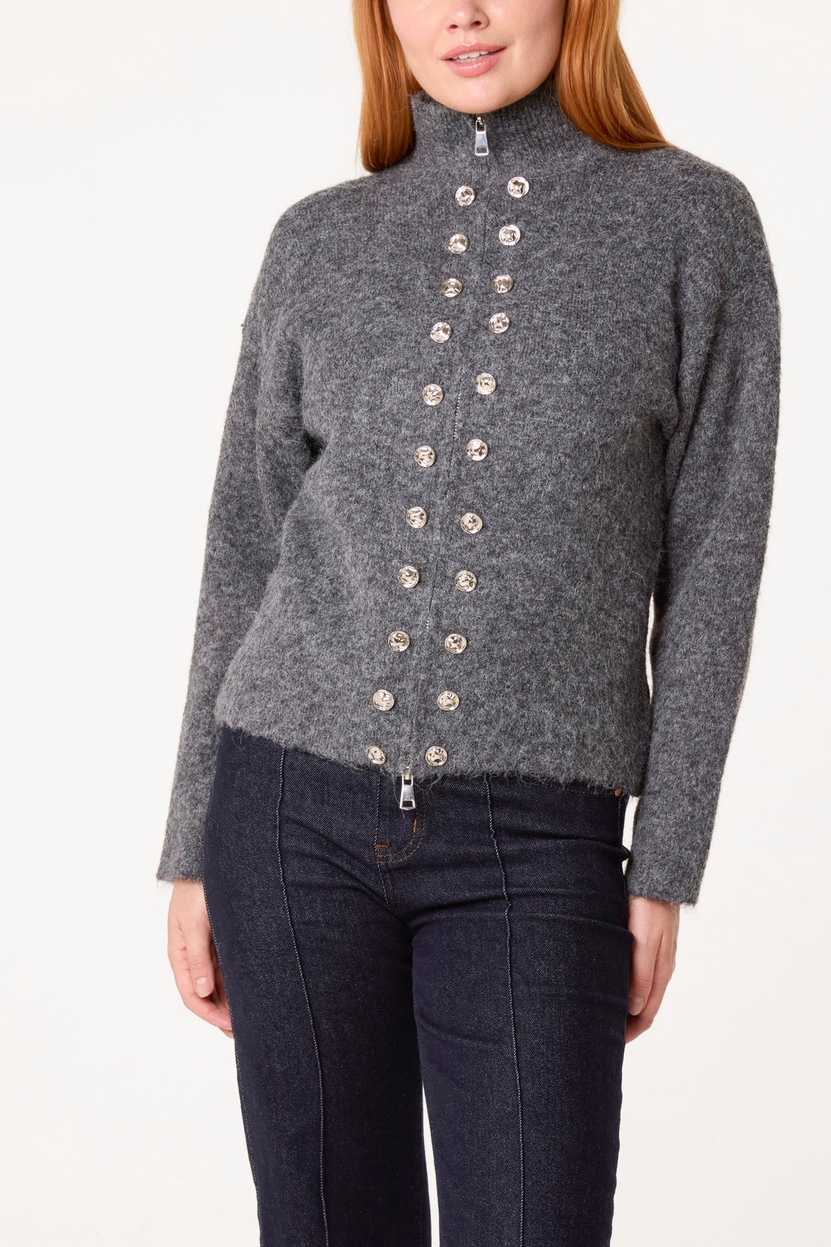 Zip Through Buttoned Details Knit Cardigan