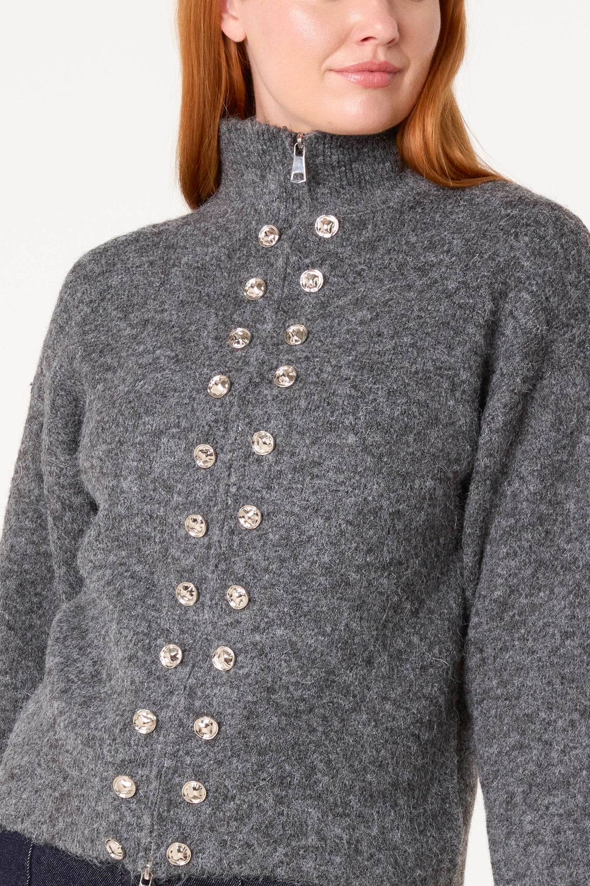 Zip Through Buttoned Details Knit Cardigan