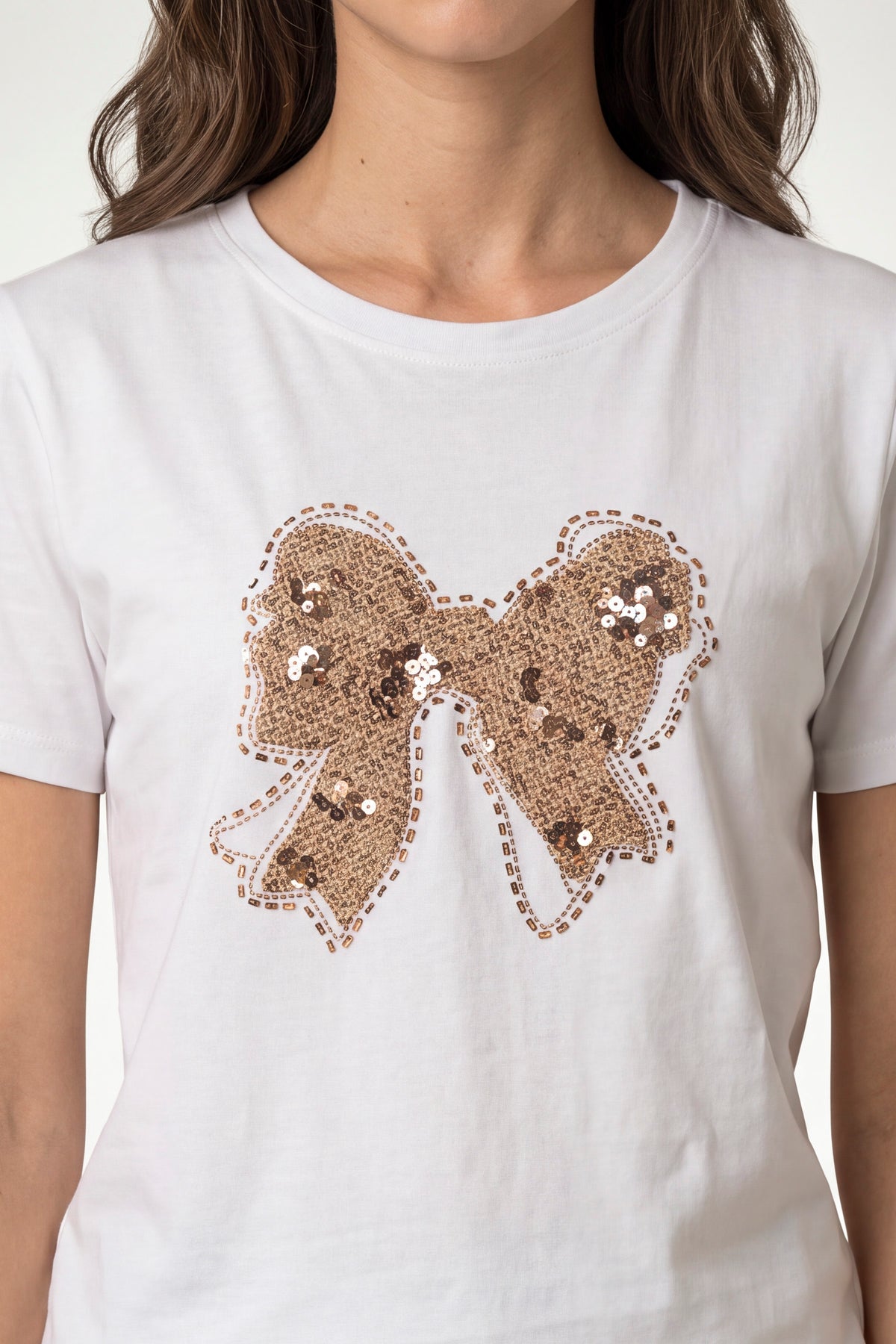 Gold Embellished Bow Patch Short Sleeve T-Shirt