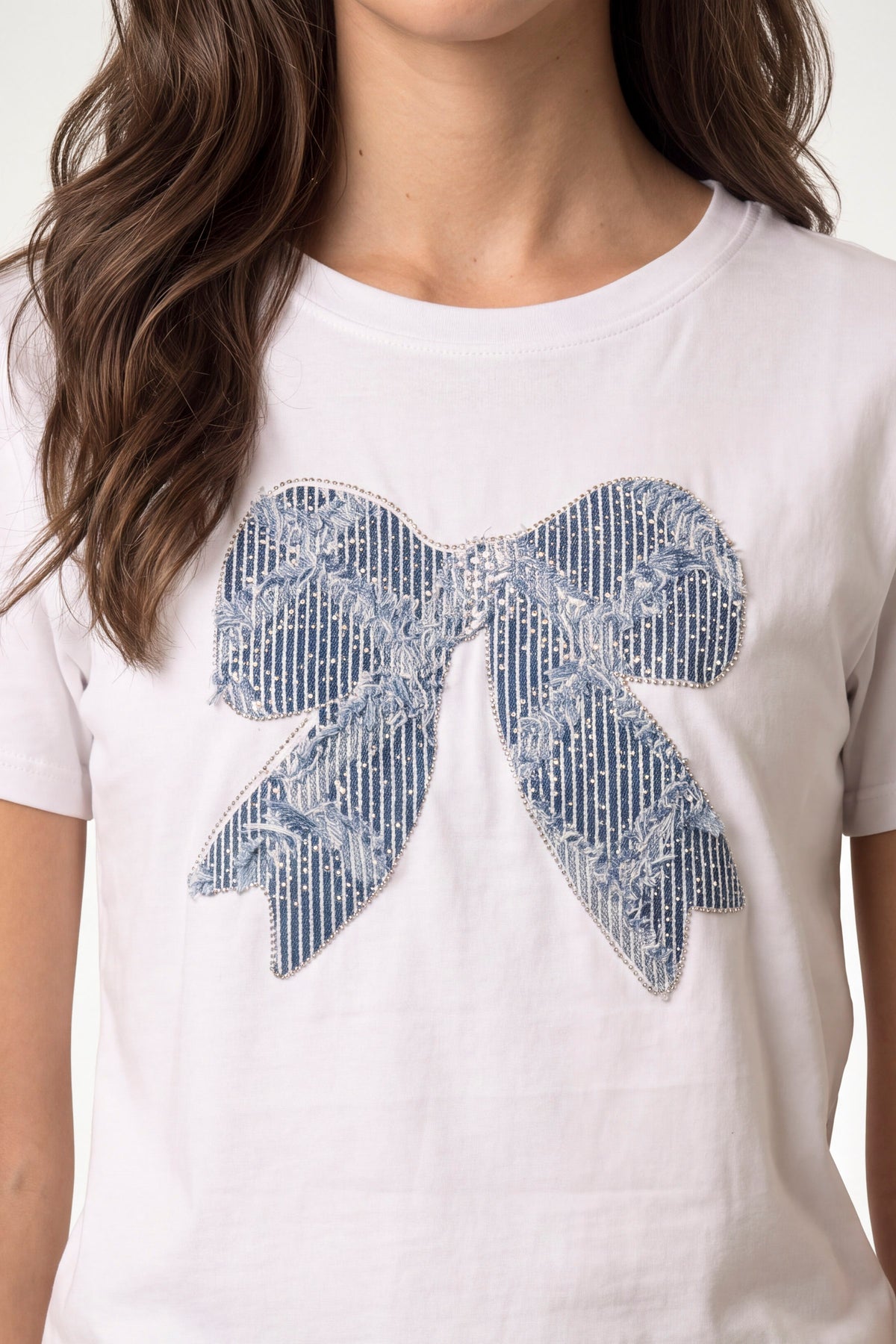 Bow Denim Sparkle Patch Short Sleeve T-Shirt