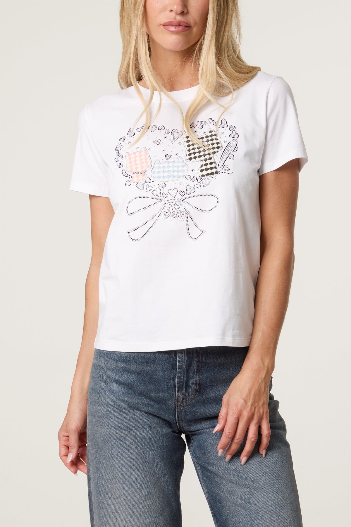 Embellished Cat Applique Graphic T-Shirt
