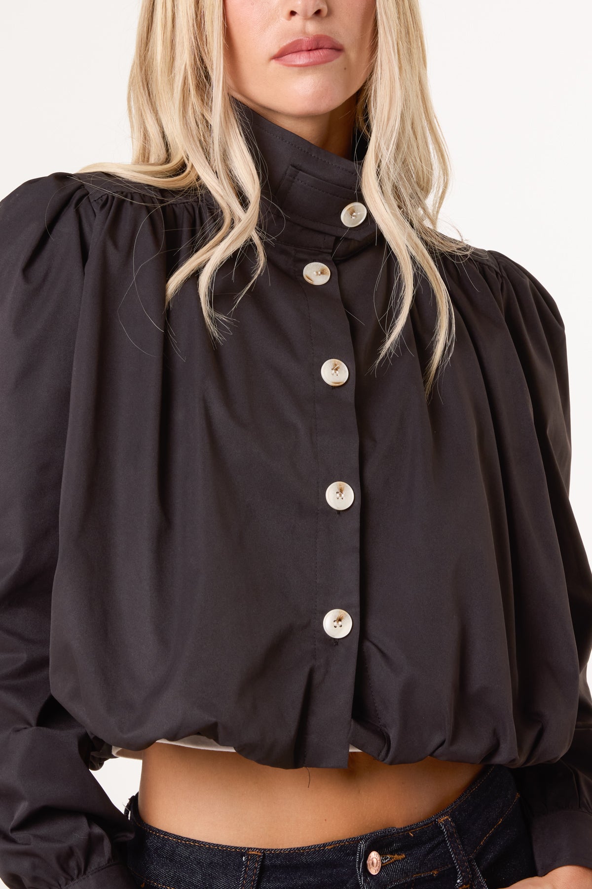 Cropped High Neck Button Down Bubble Jacket