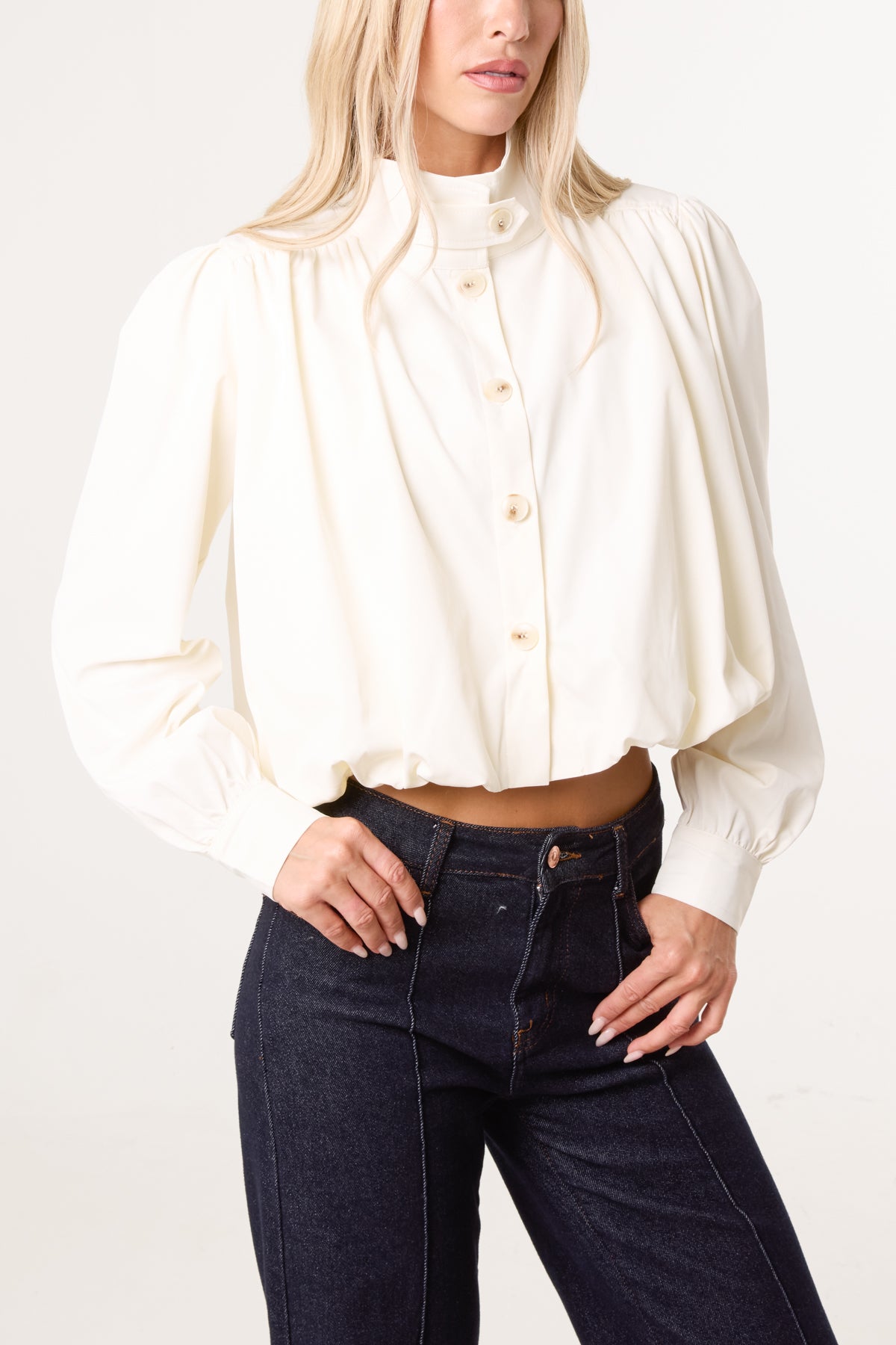Cropped High Neck Button Down Bubble Jacket