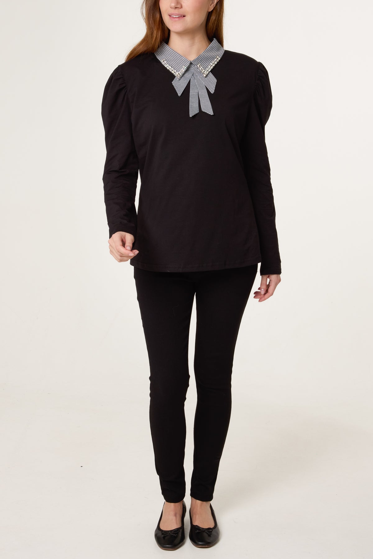 Embellished Dogtooth Collar Padded Shoulder Top