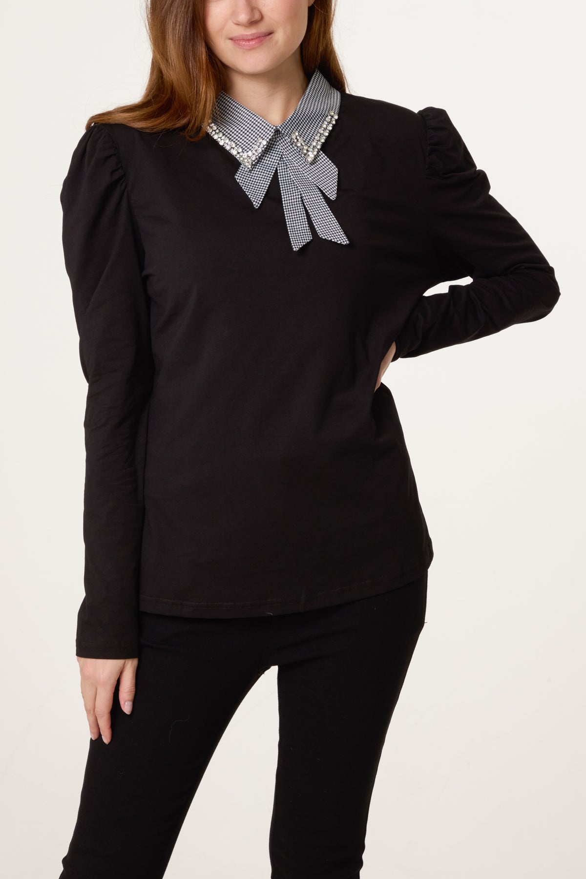 Embellished Dogtooth Collar Padded Shoulder Top