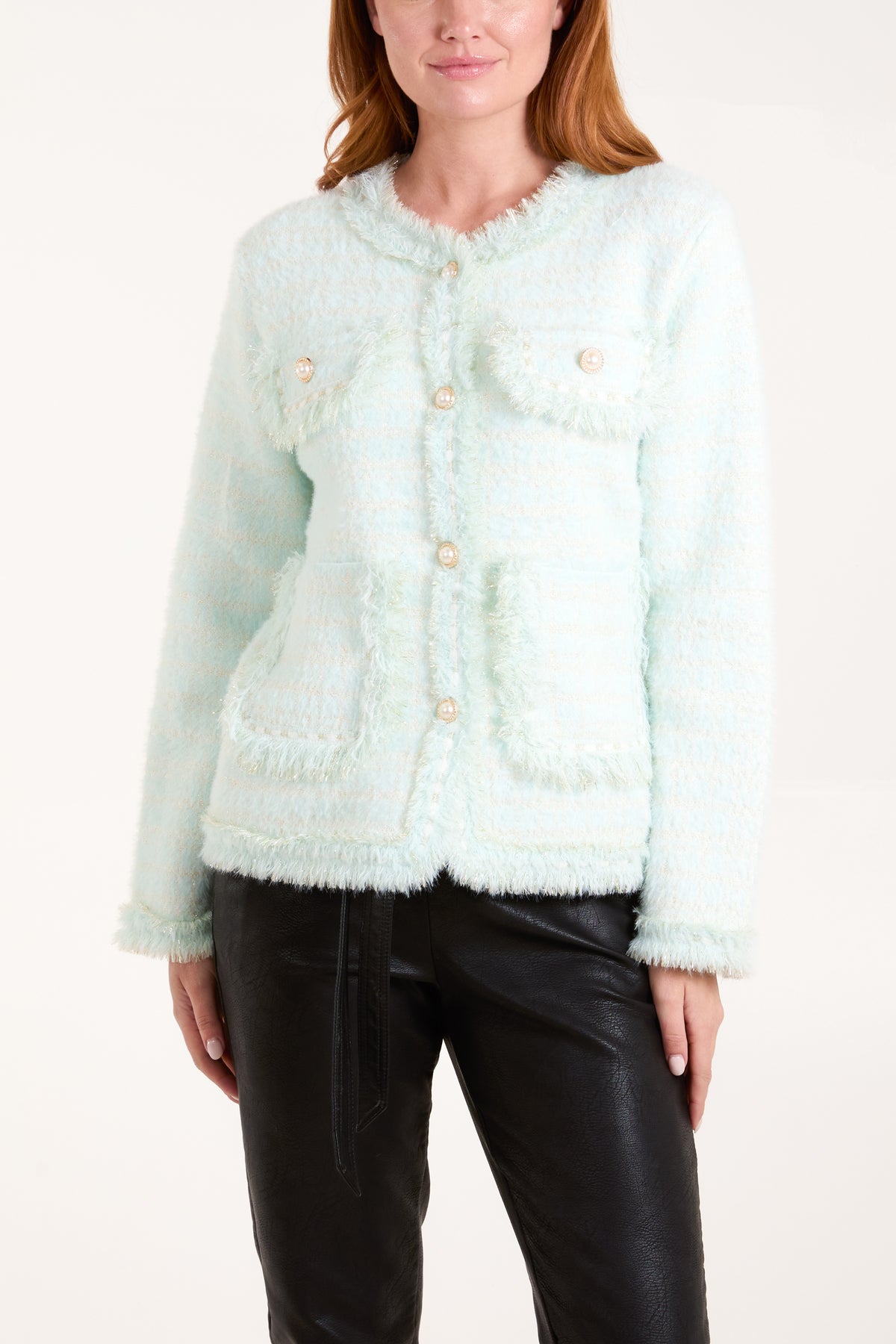 Pearl Button Check Knit Cardigan Jacket