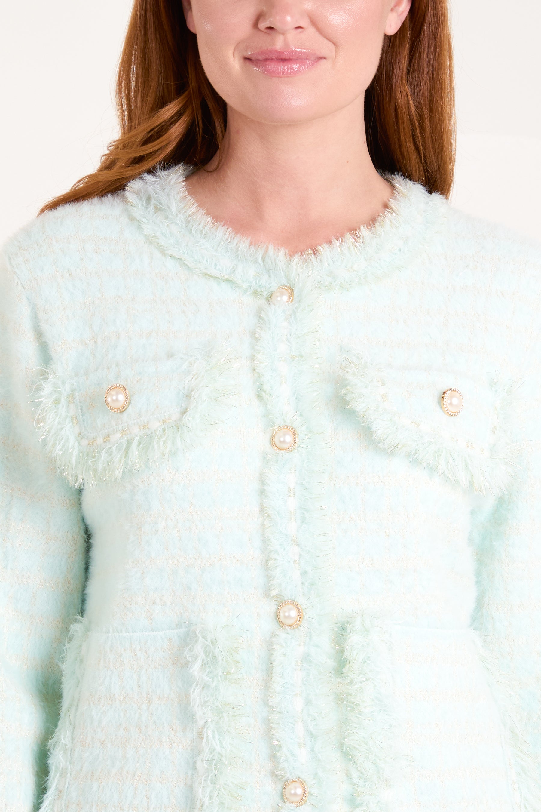 Pearl Button Check Knit Cardigan Jacket
