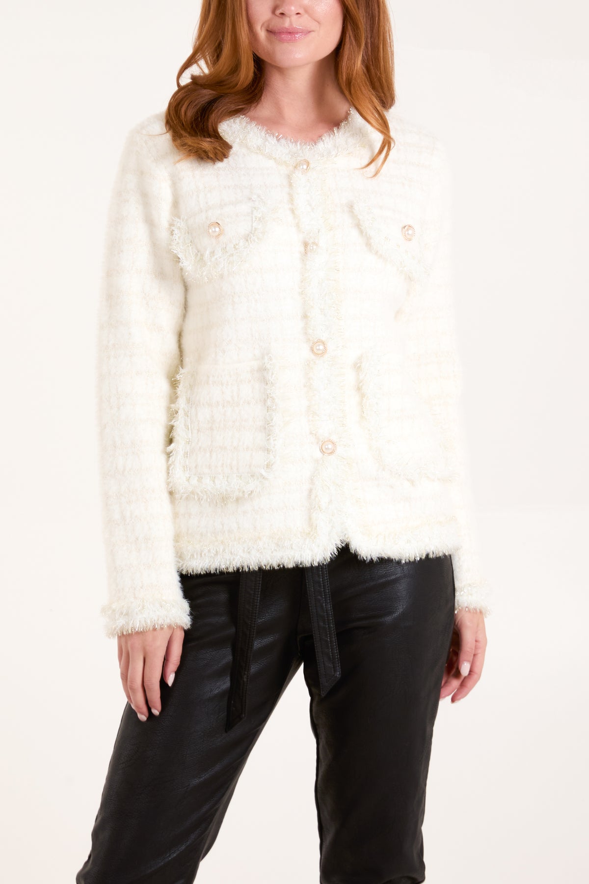 Fluffy Sparkle Knit Pearl Pocket Cardigan