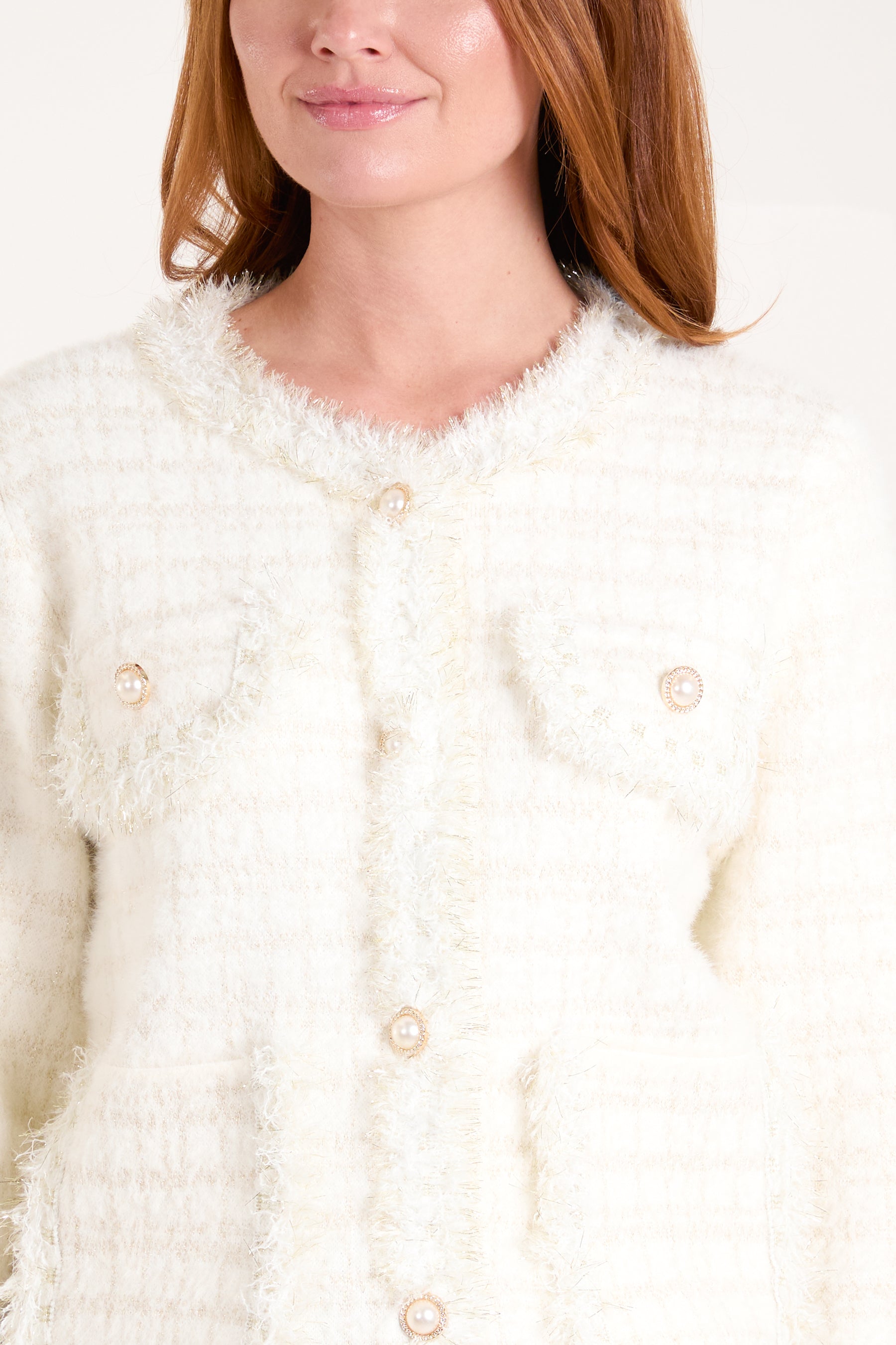 Pearl Button Check Knit Cardigan Jacket