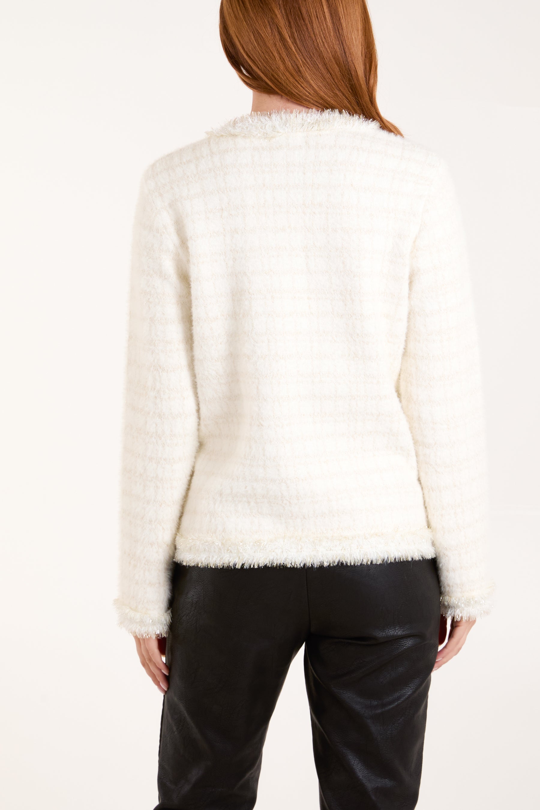 Pearl Button Check Knit Cardigan Jacket