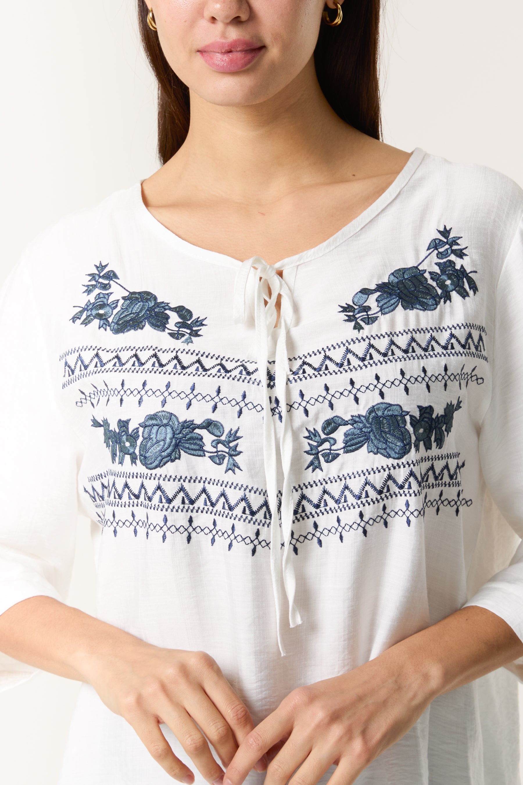 Embroidered Detail Tie-Neck Top