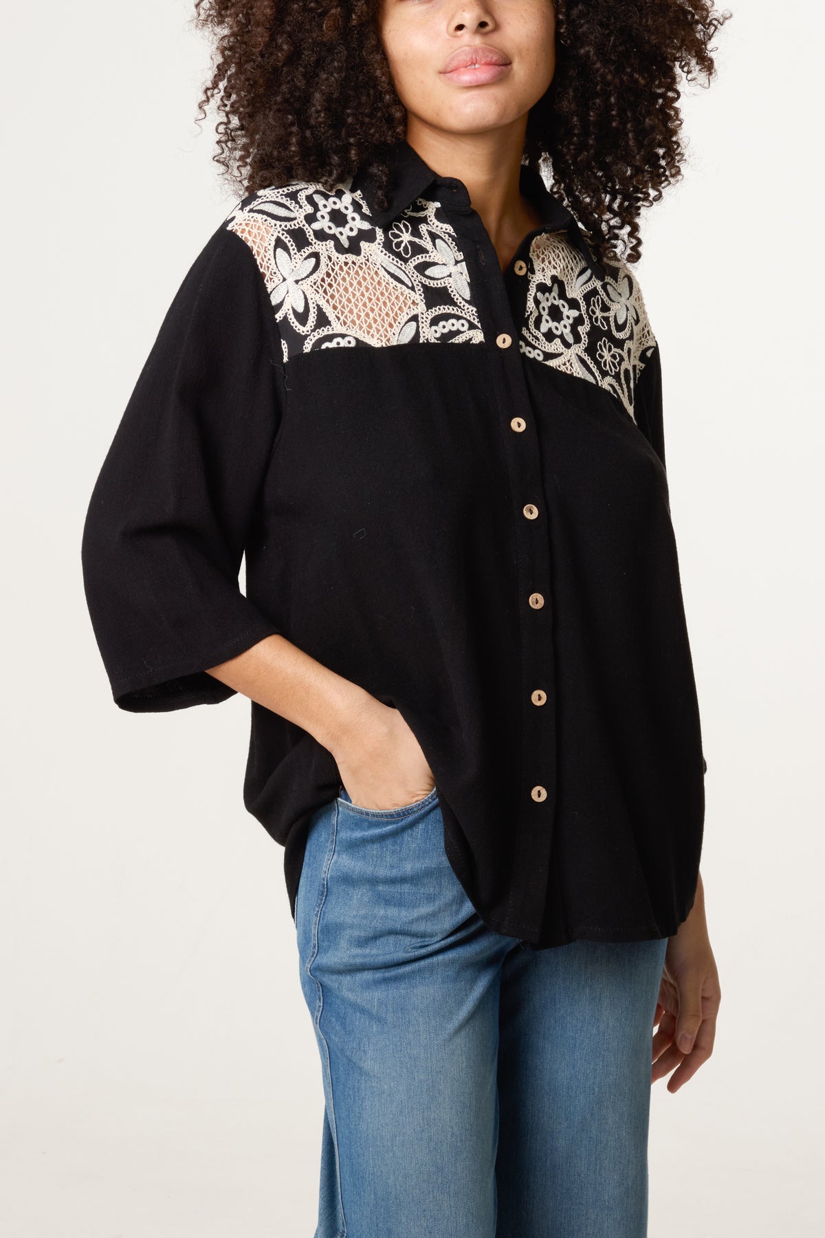 Floral Crochet Linen Loose Fit Shirt