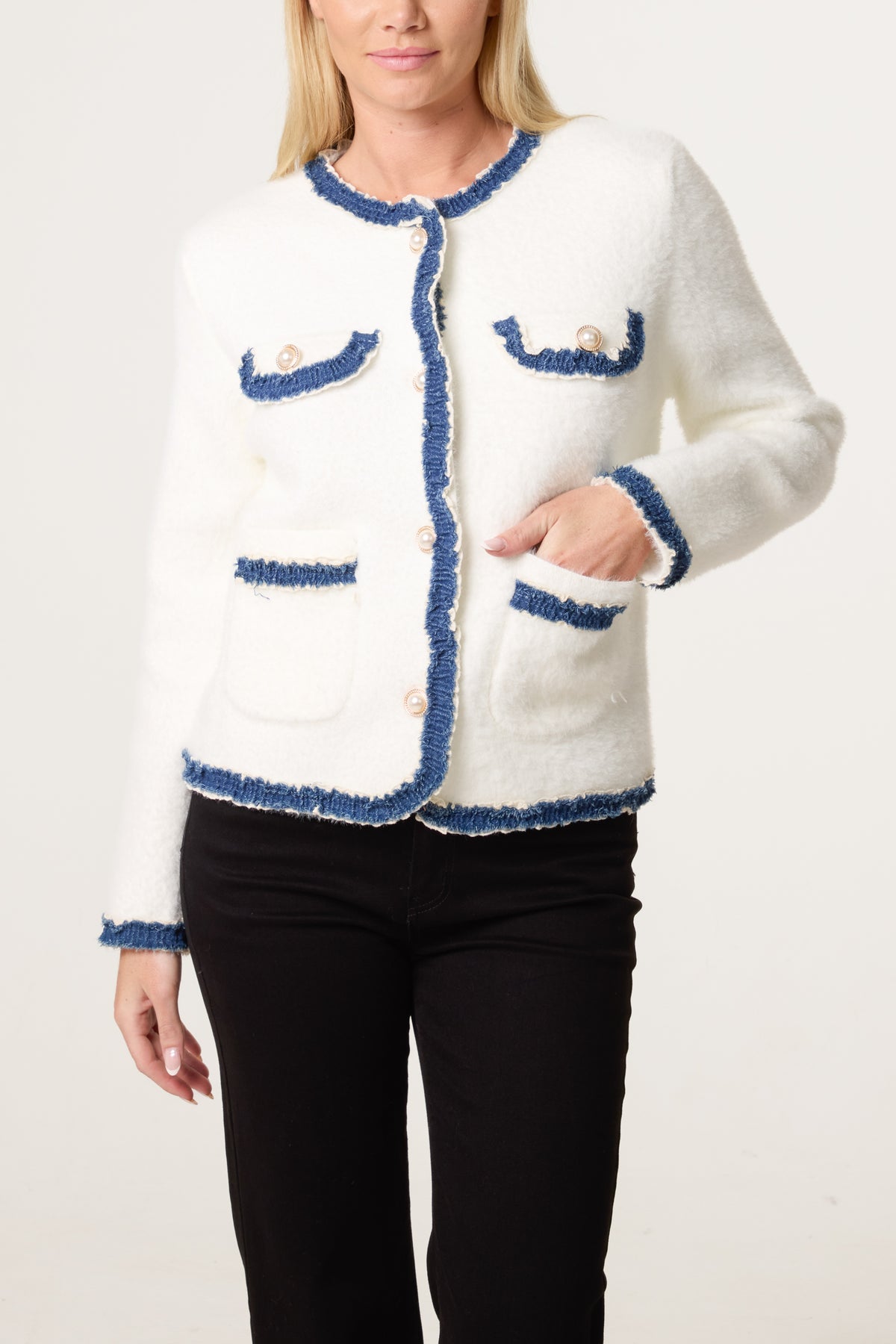 Denim Detail Pearl Button Knit Cardigan