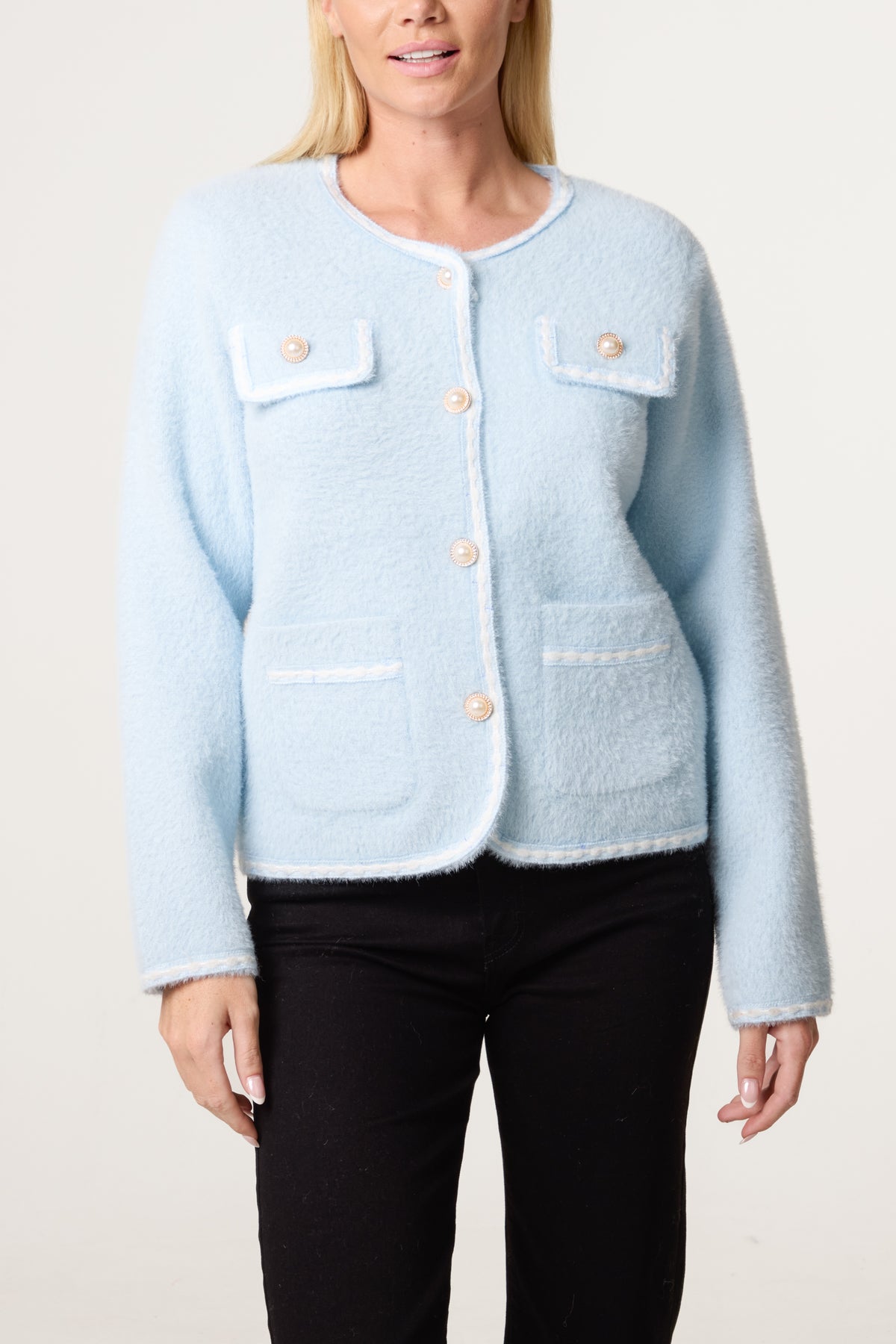 Pearl Button Fluffy Knit Contrast Cardigan