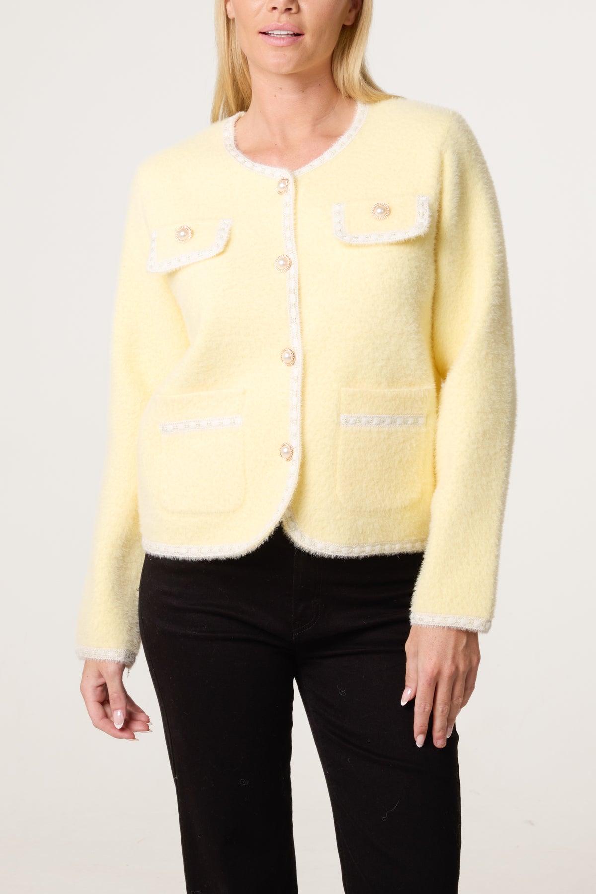 Pearl Button Fluffy Knit Contrast Cardigan