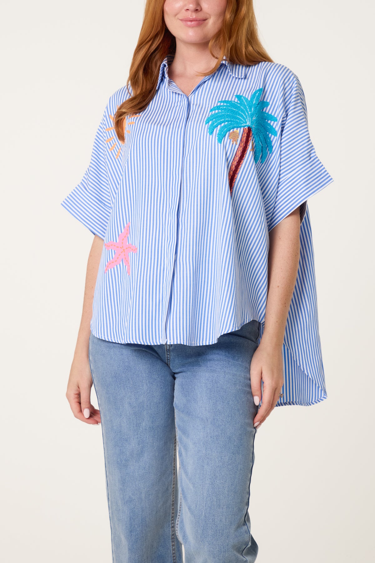 Beach Theme Embroidery Front and Back Striped Shirt