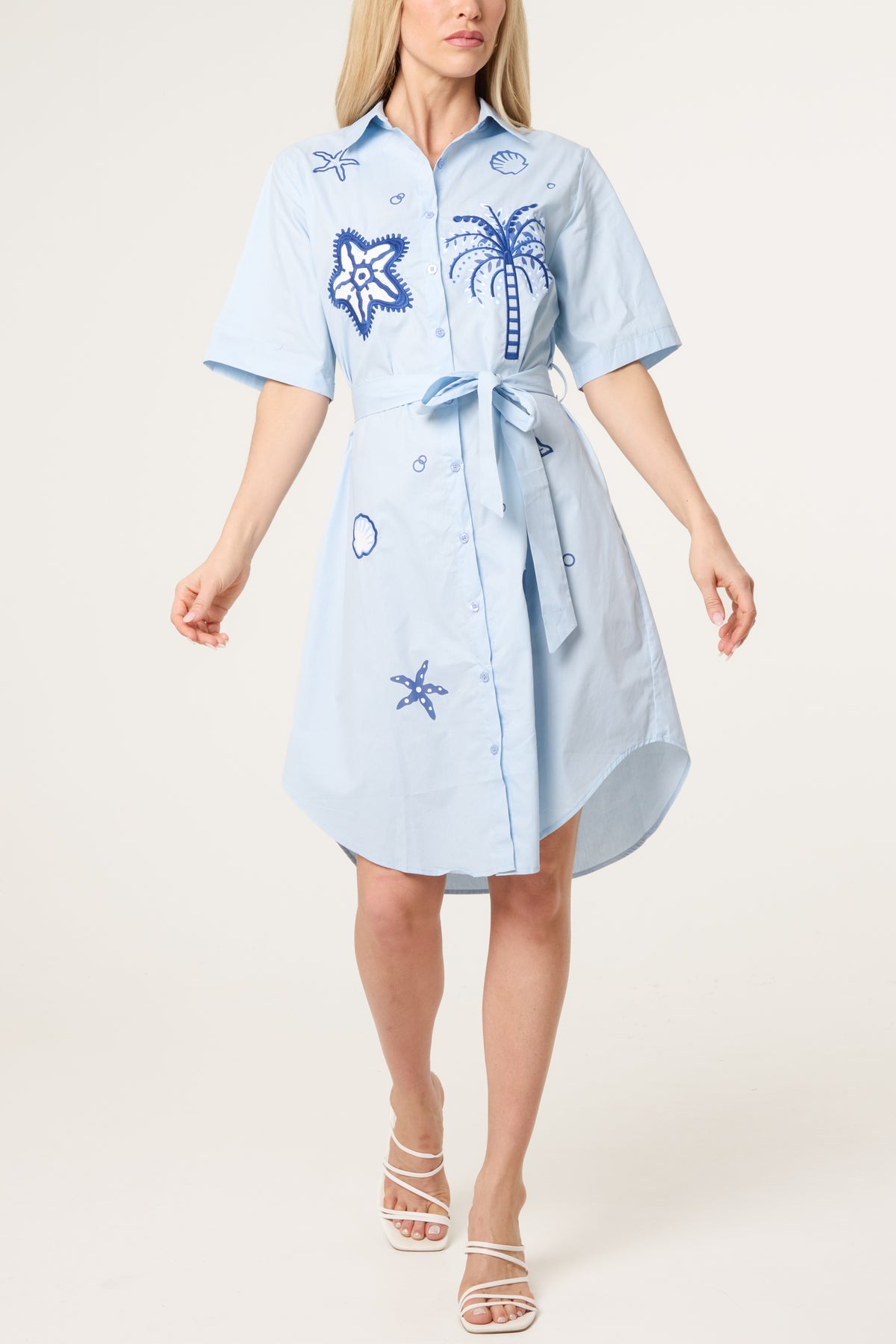 Ocean Embroidery Tie Front Shirt Dress