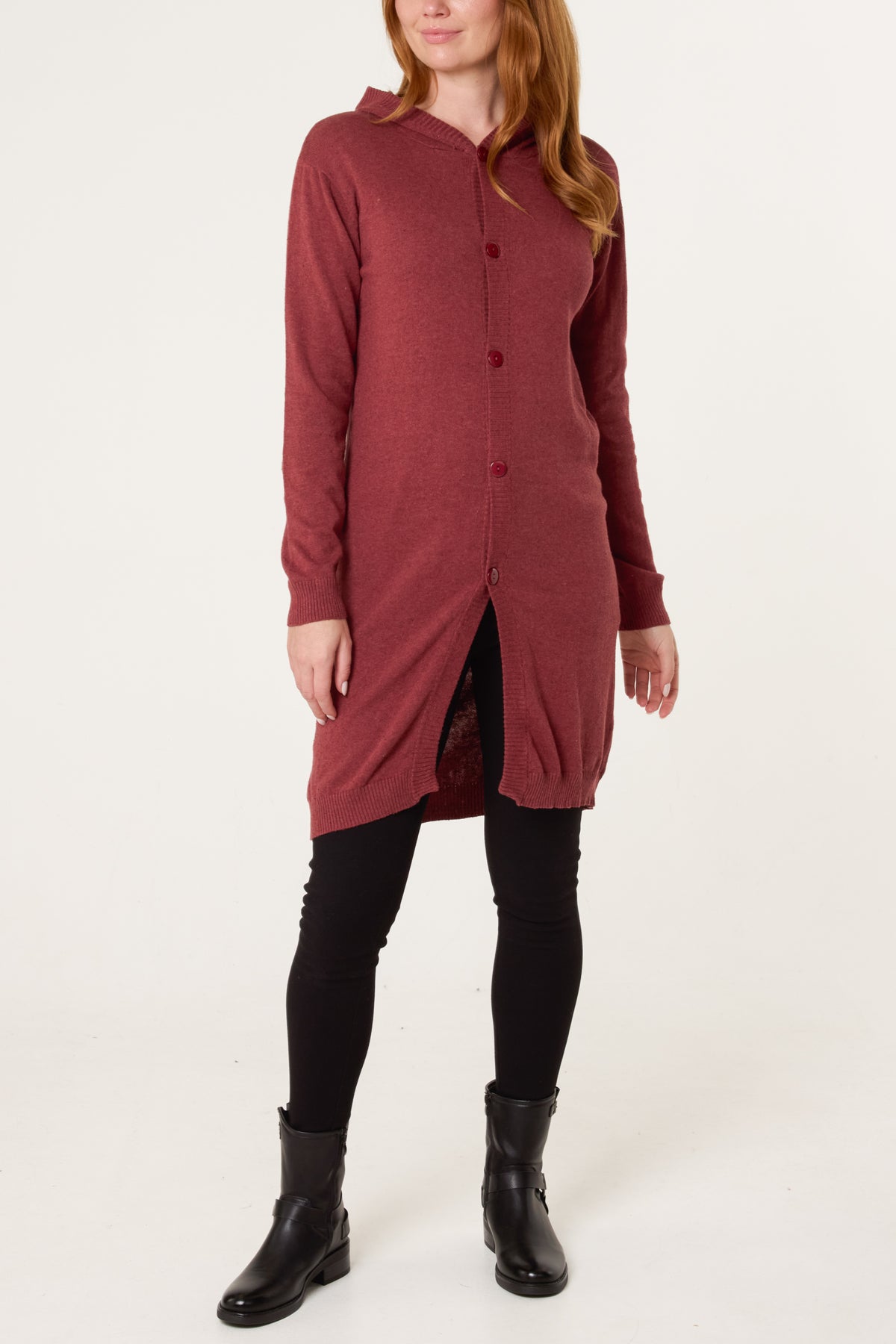 Wine Longline Button Hooded Cardigan
