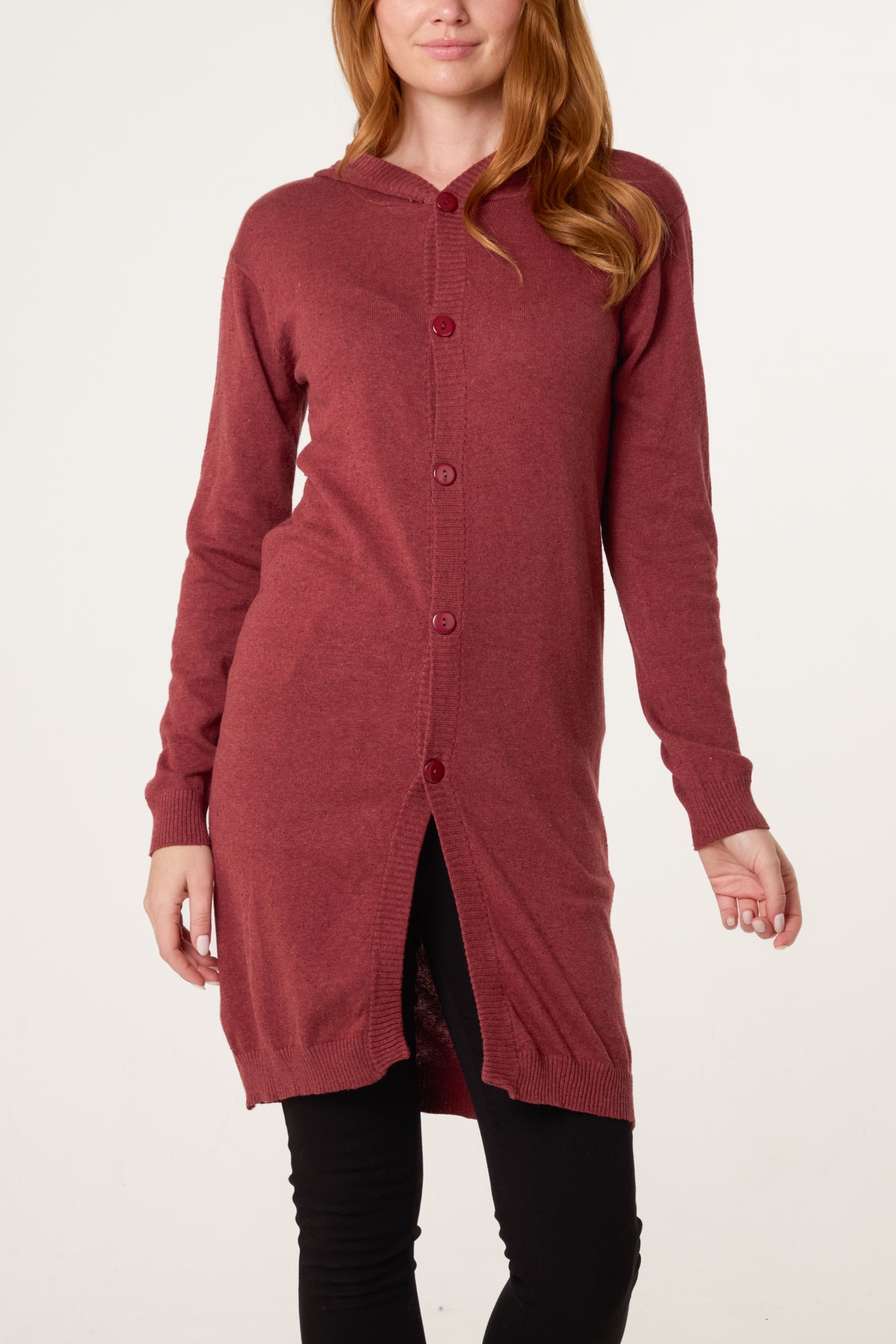 Wine Longline Button Hooded Cardigan
