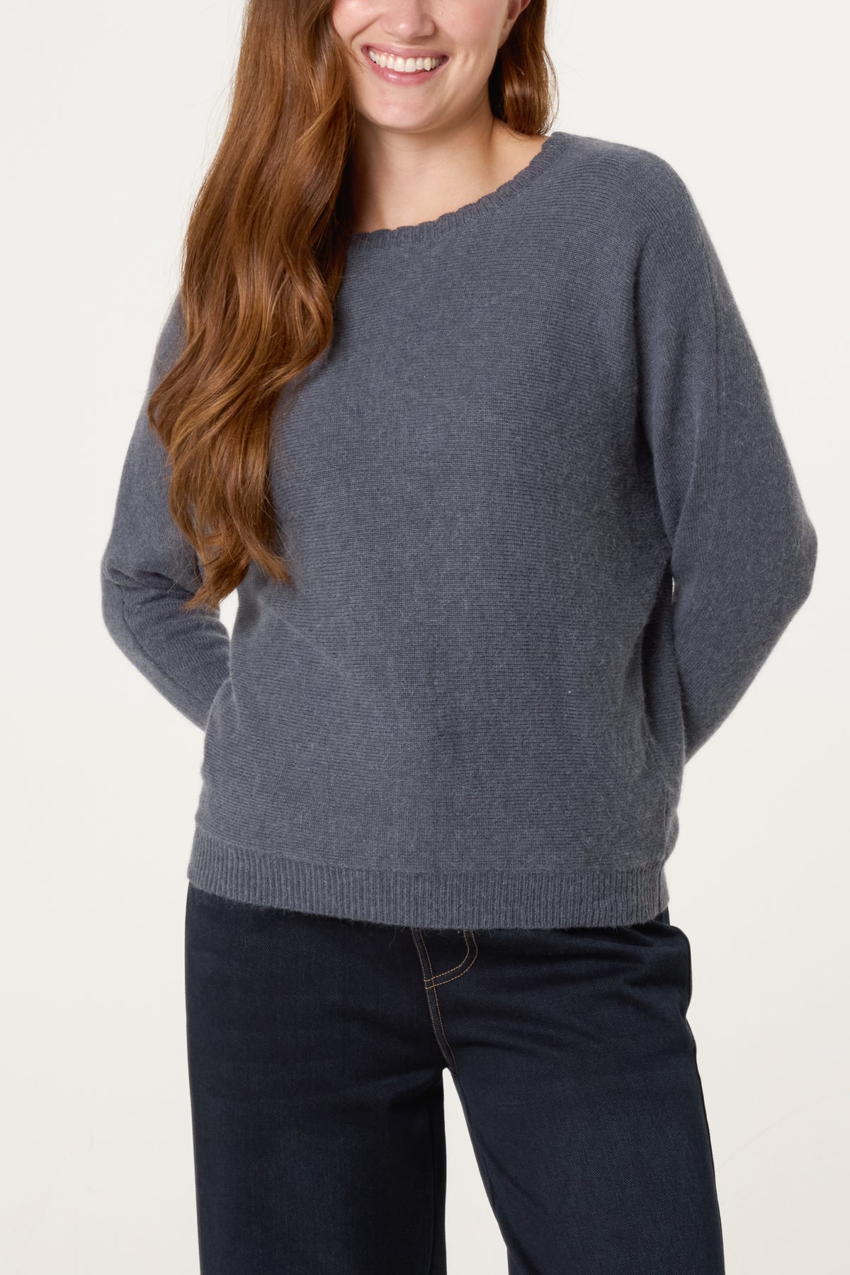 Grey Scallop Neck Knit Jumper