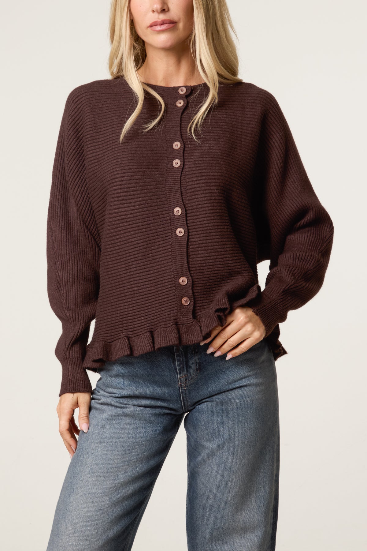 Ribbed Frill Hem Button Up Cardigan
