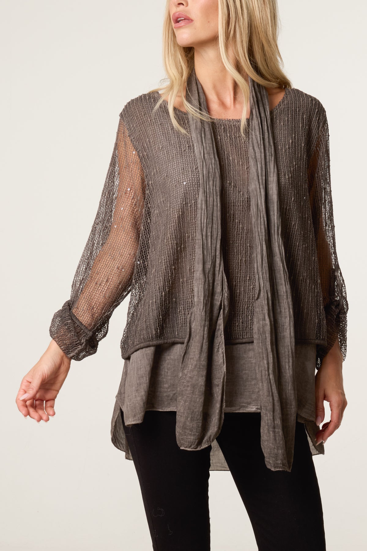 Textured Mesh Tunic & Scarf Top