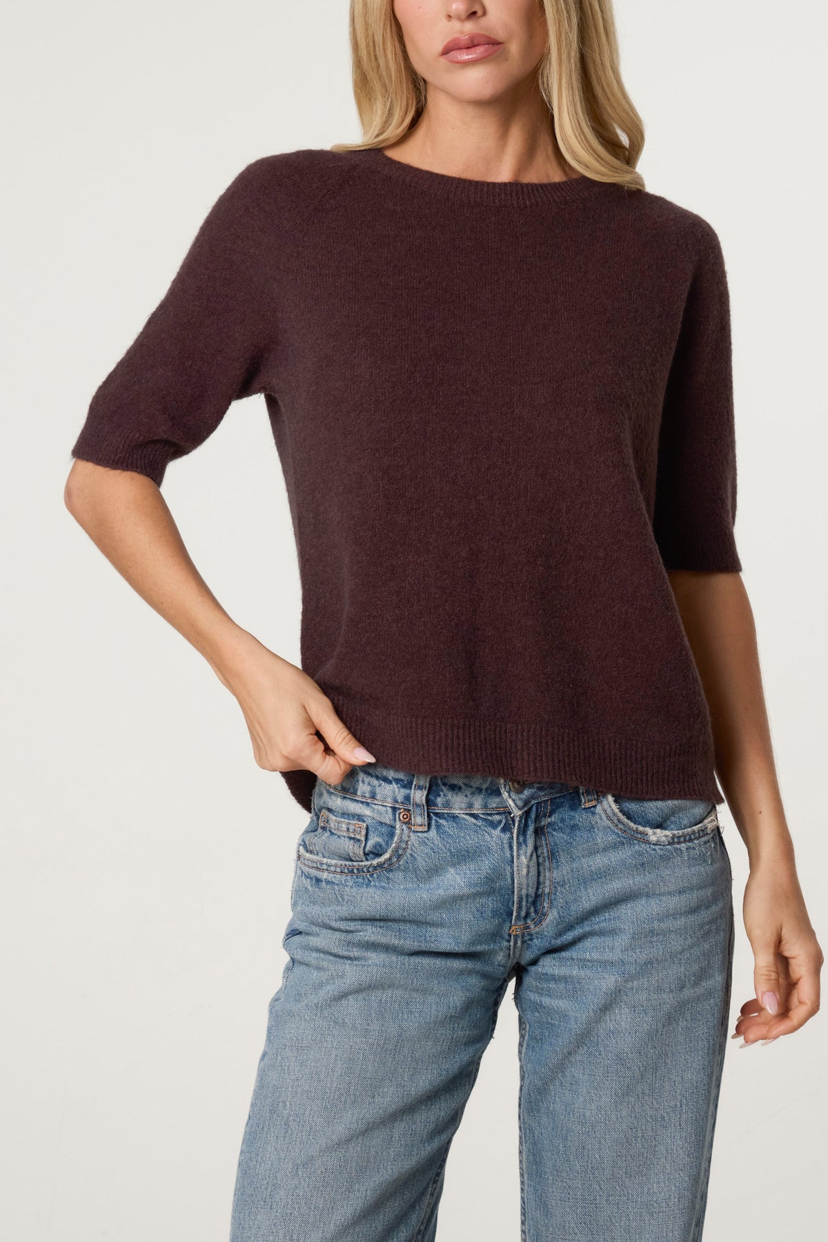 Cuffed Short Sleeve Alpaca Blend Knit Jumper