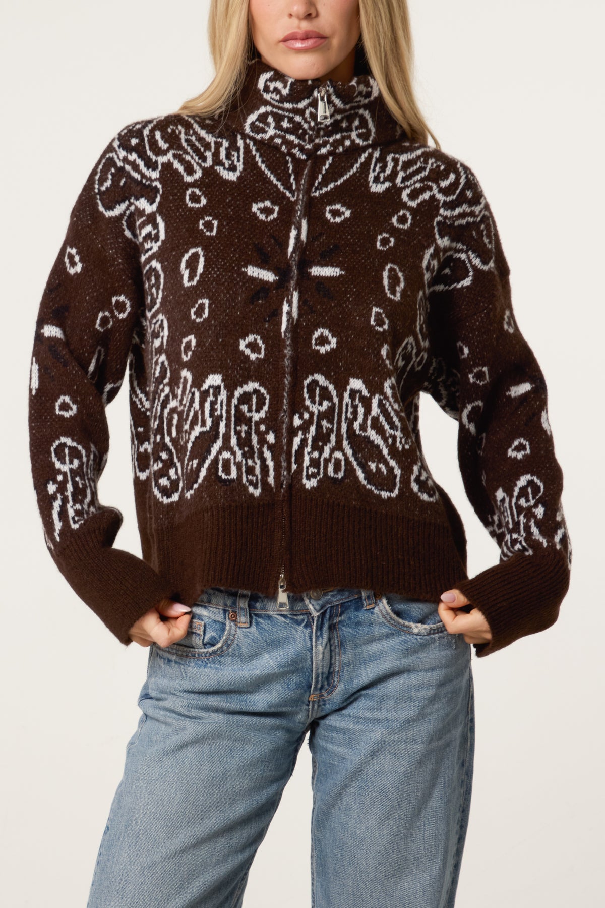 Bandana Print Zip-Through Knit Cardigan
