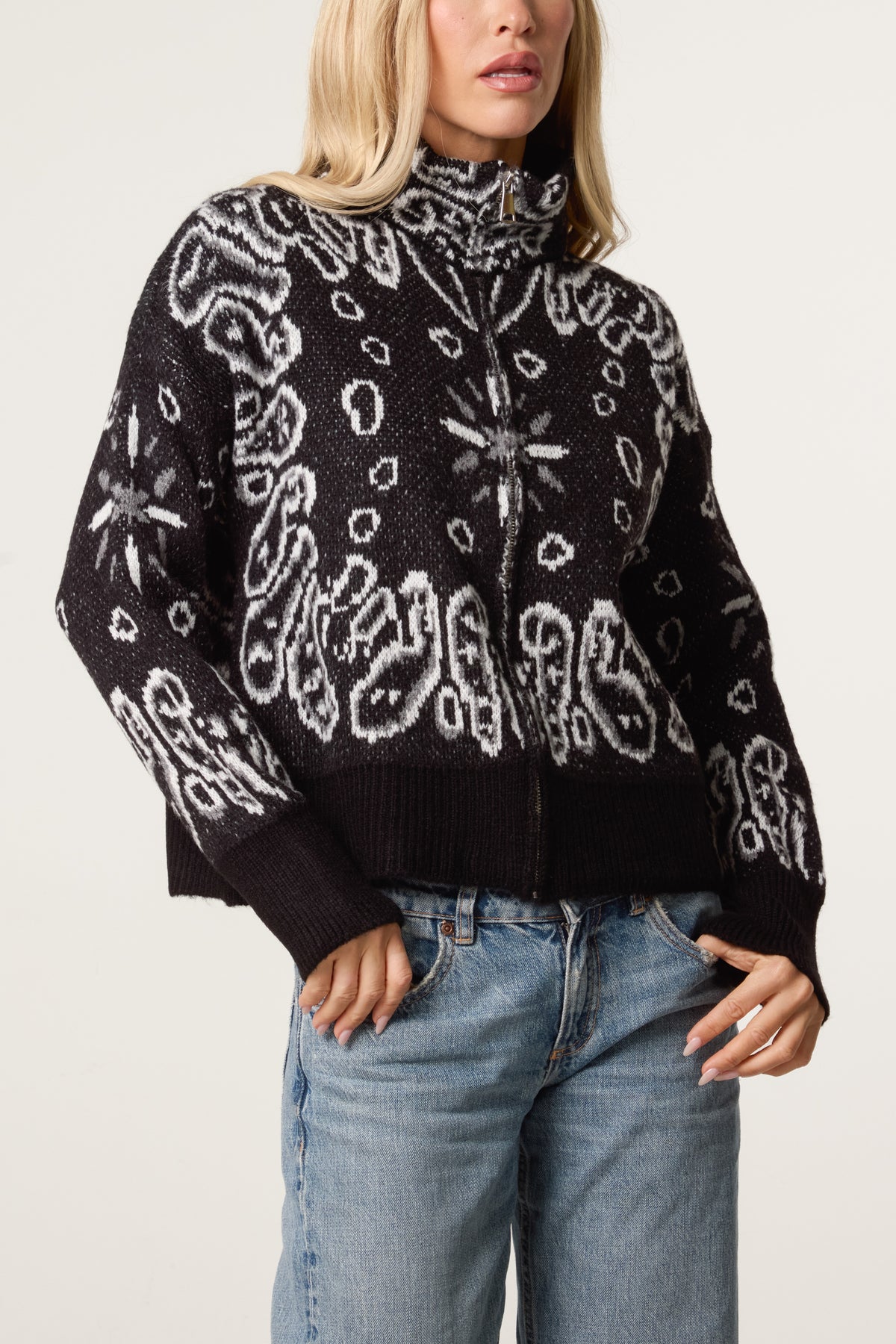 Bandana Print Zip-Through Knit Cardigan
