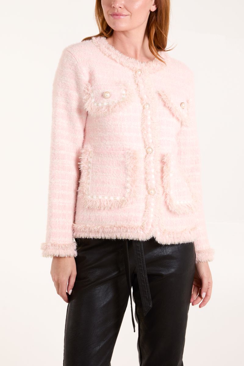 Pearl Button Check Knit Cardigan Jacket