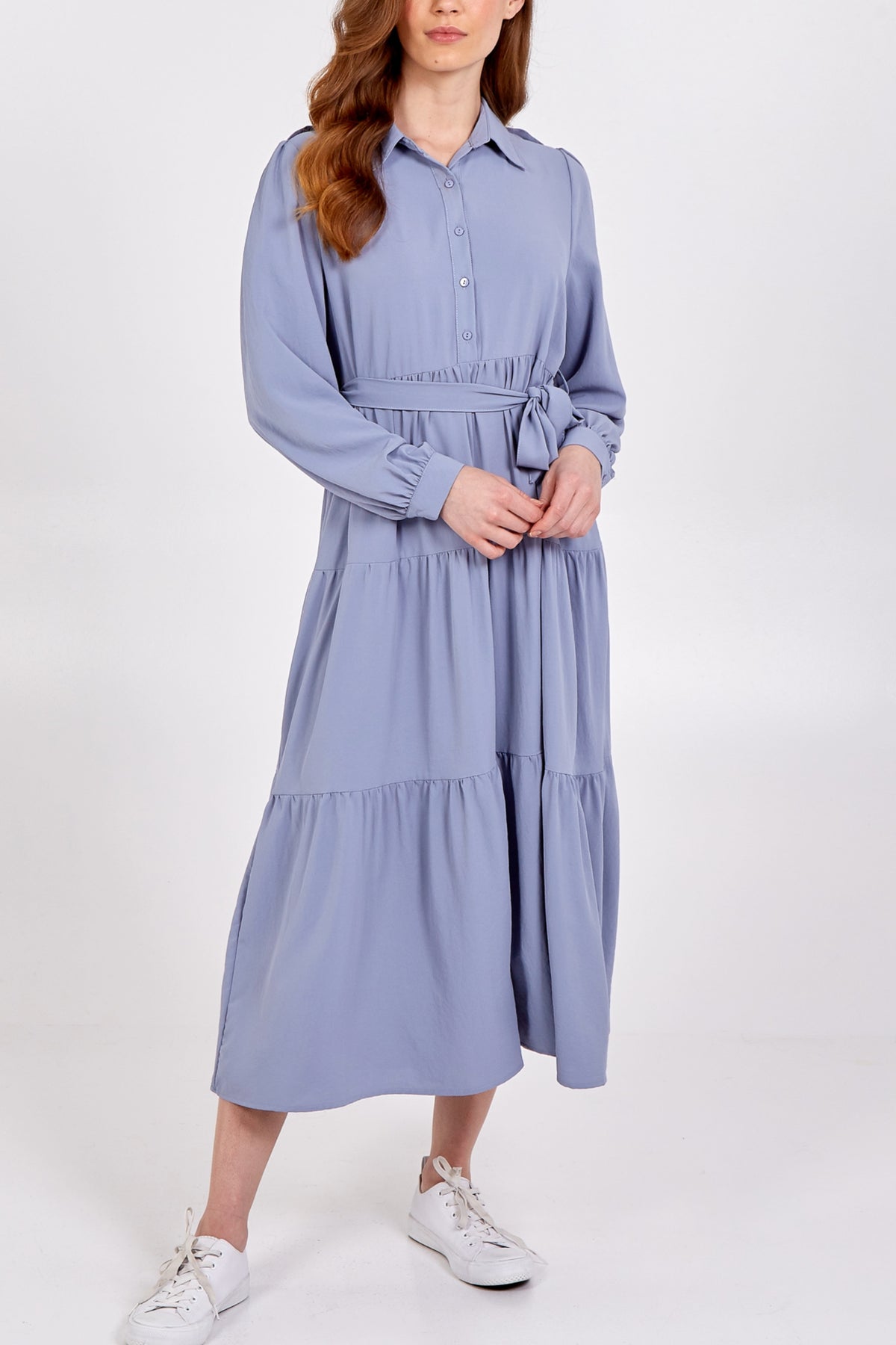 Long Tiered Collar Dress With Belt