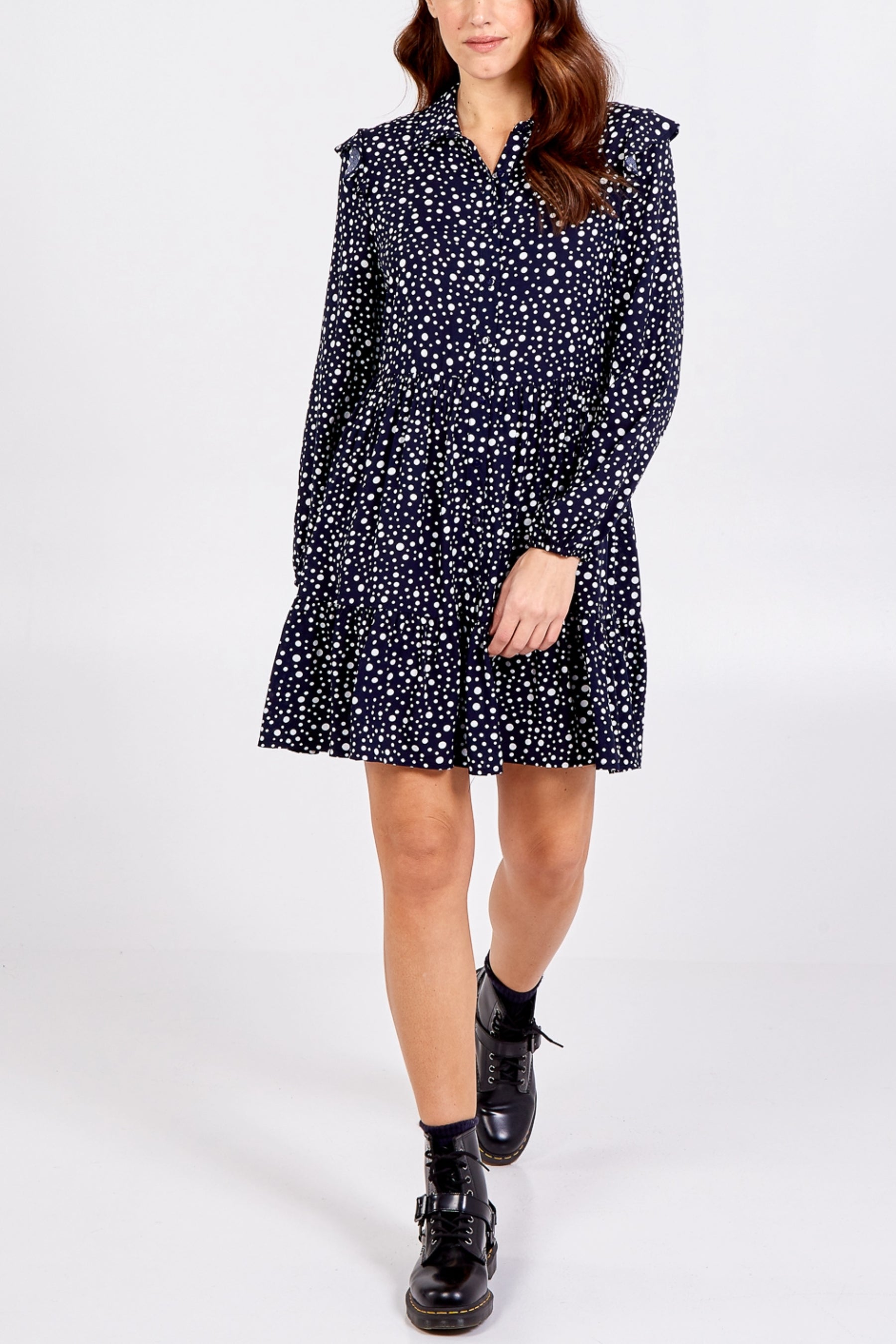 Polka Dot Frill Shoulder Shirt Dress