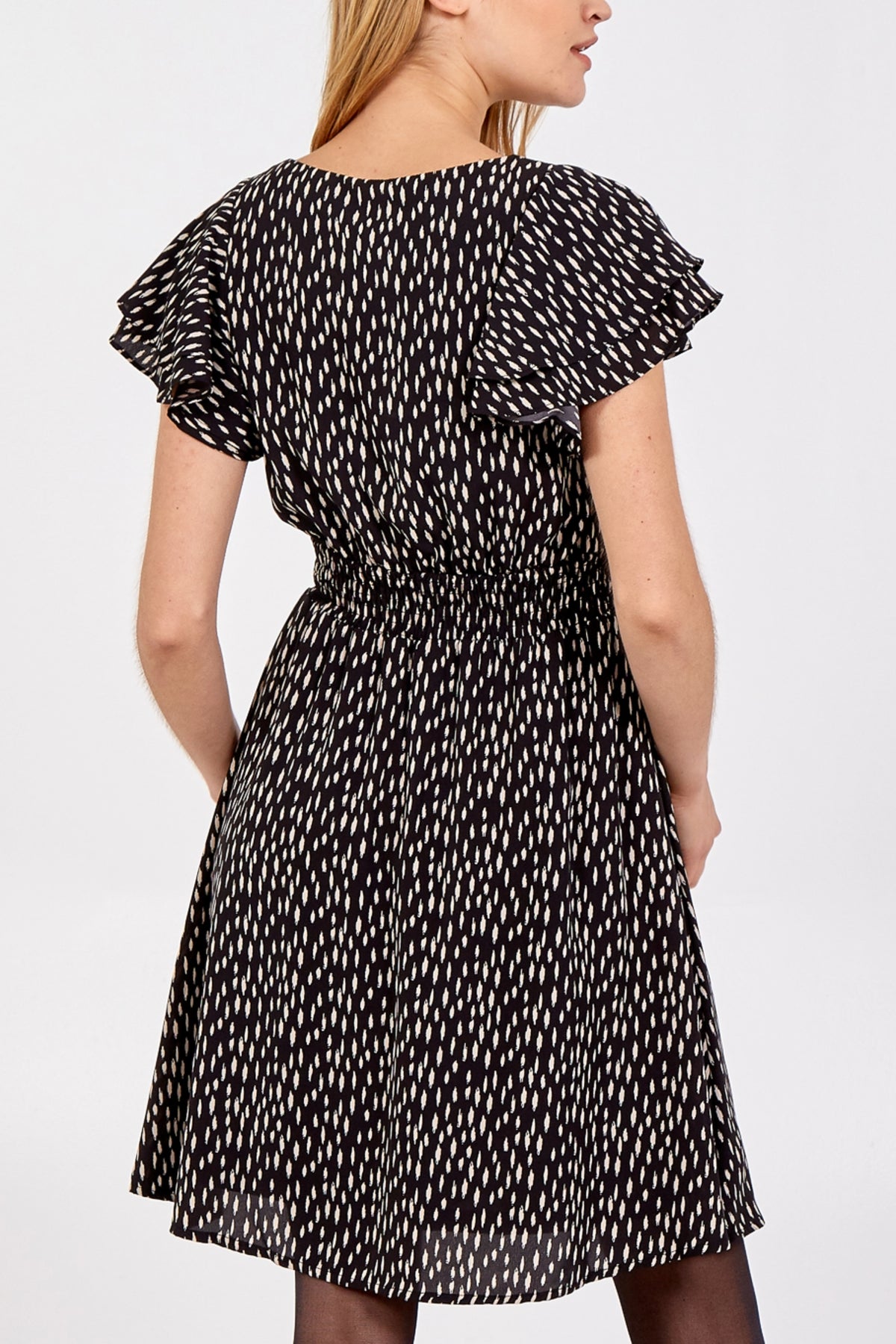 Abstract Spot Gathered Waist Frill Sleeve Dress