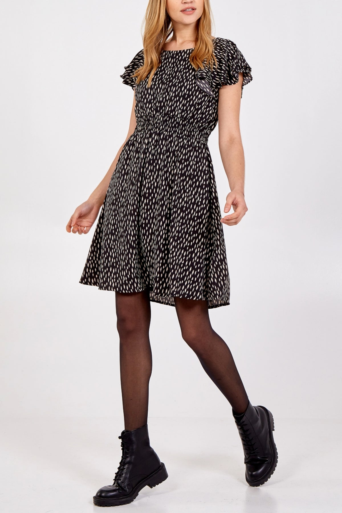 Abstract Spot Gathered Waist Frill Sleeve Dress