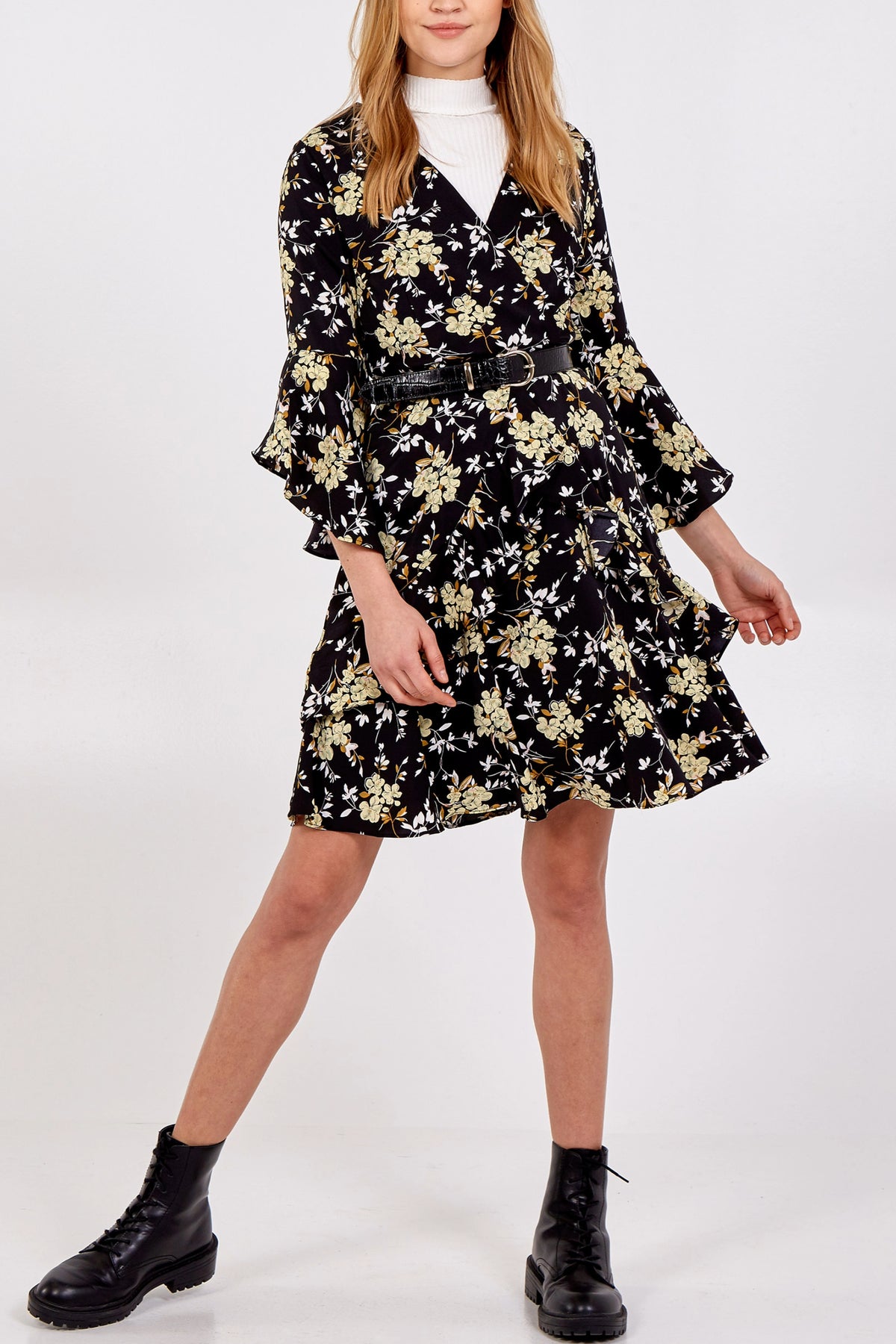 Floral 3/4 Sleeve Tiered Dress