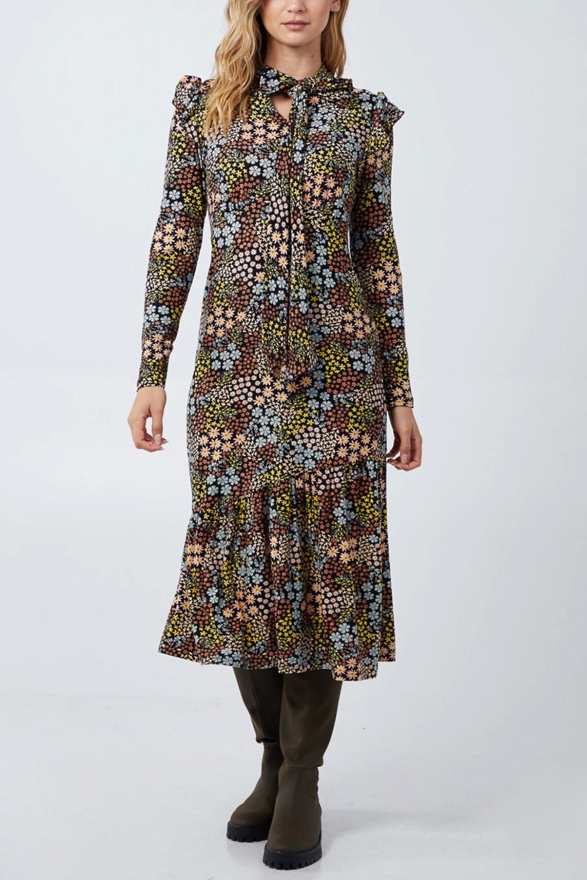 Tie Neck Tier Bottom Soft Touch Midi Dress