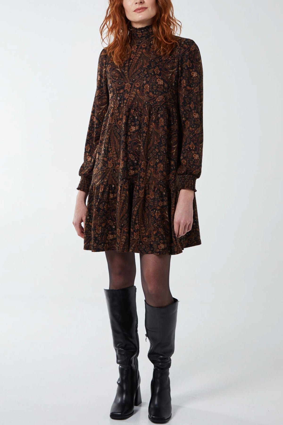 Shirring High Neck Paisley Smock Dress