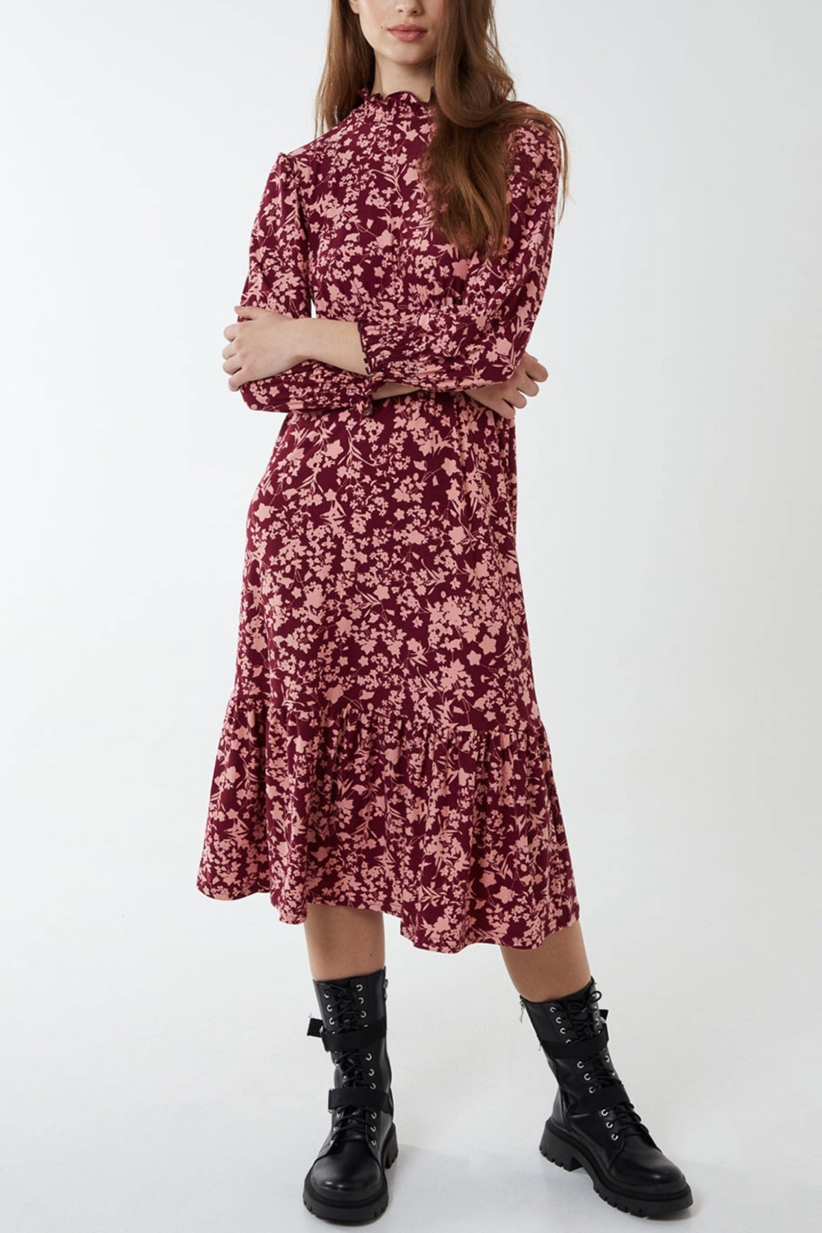 Floral Shirring High Neck & Cuff Soft Touch Midi Stretch Dress