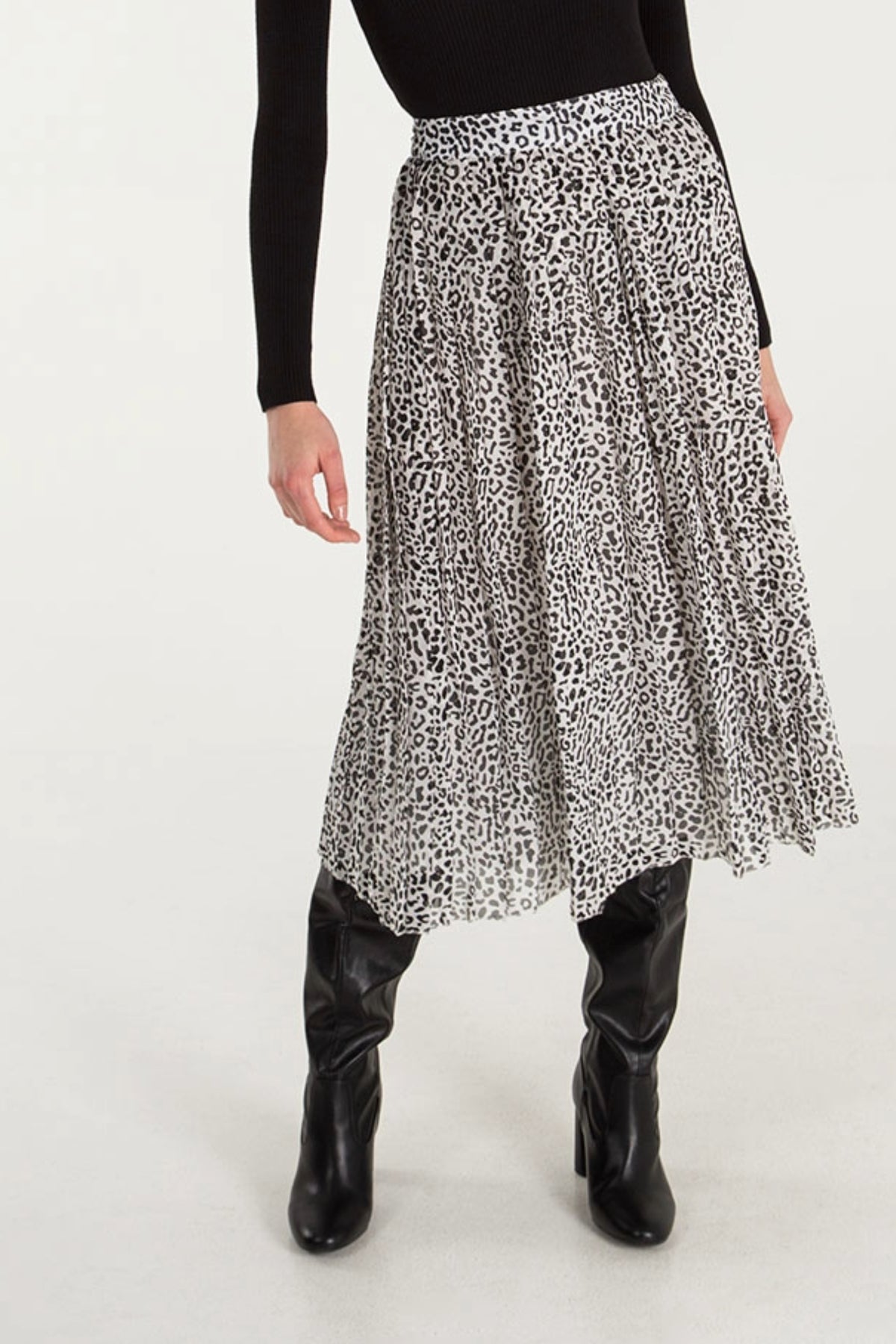 Animal Print Pleated Midi Skirt