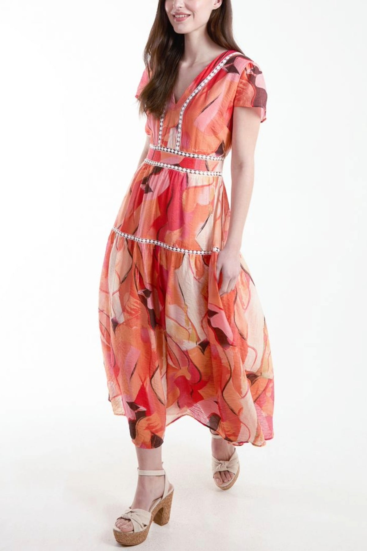 Abstract Double Frill V-Neck Midi Dress