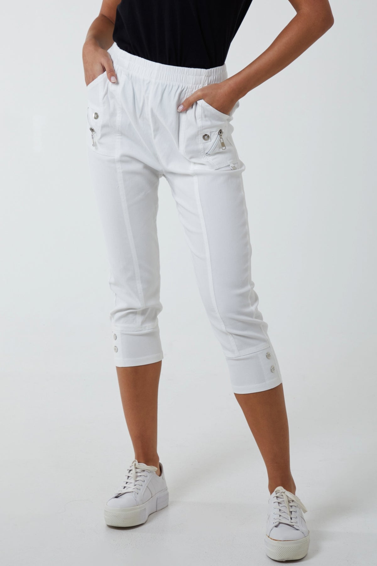 Elasticated Waist Zip Detail Crop Trouser