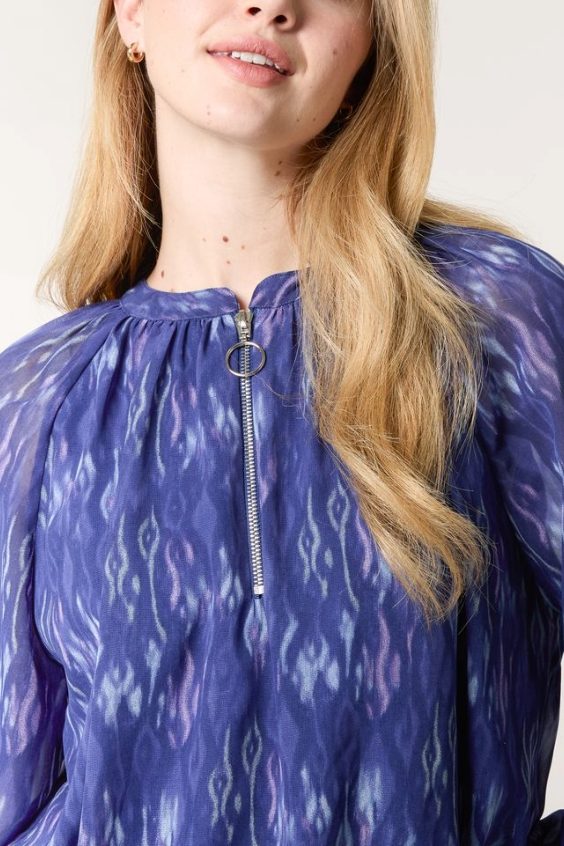 Ikat Print Half Zip Puffball Top