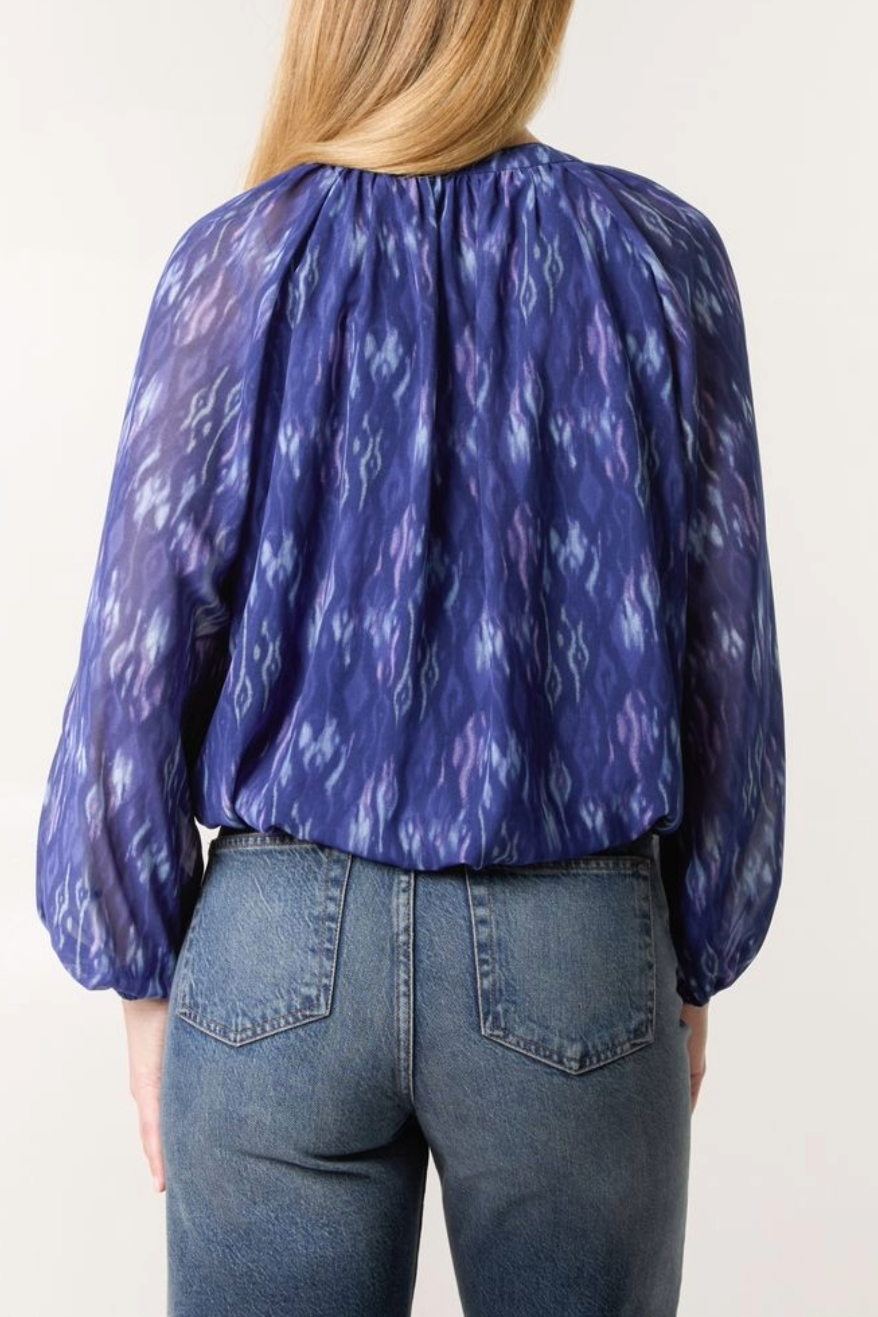 Ikat Print Half Zip Puffball Top