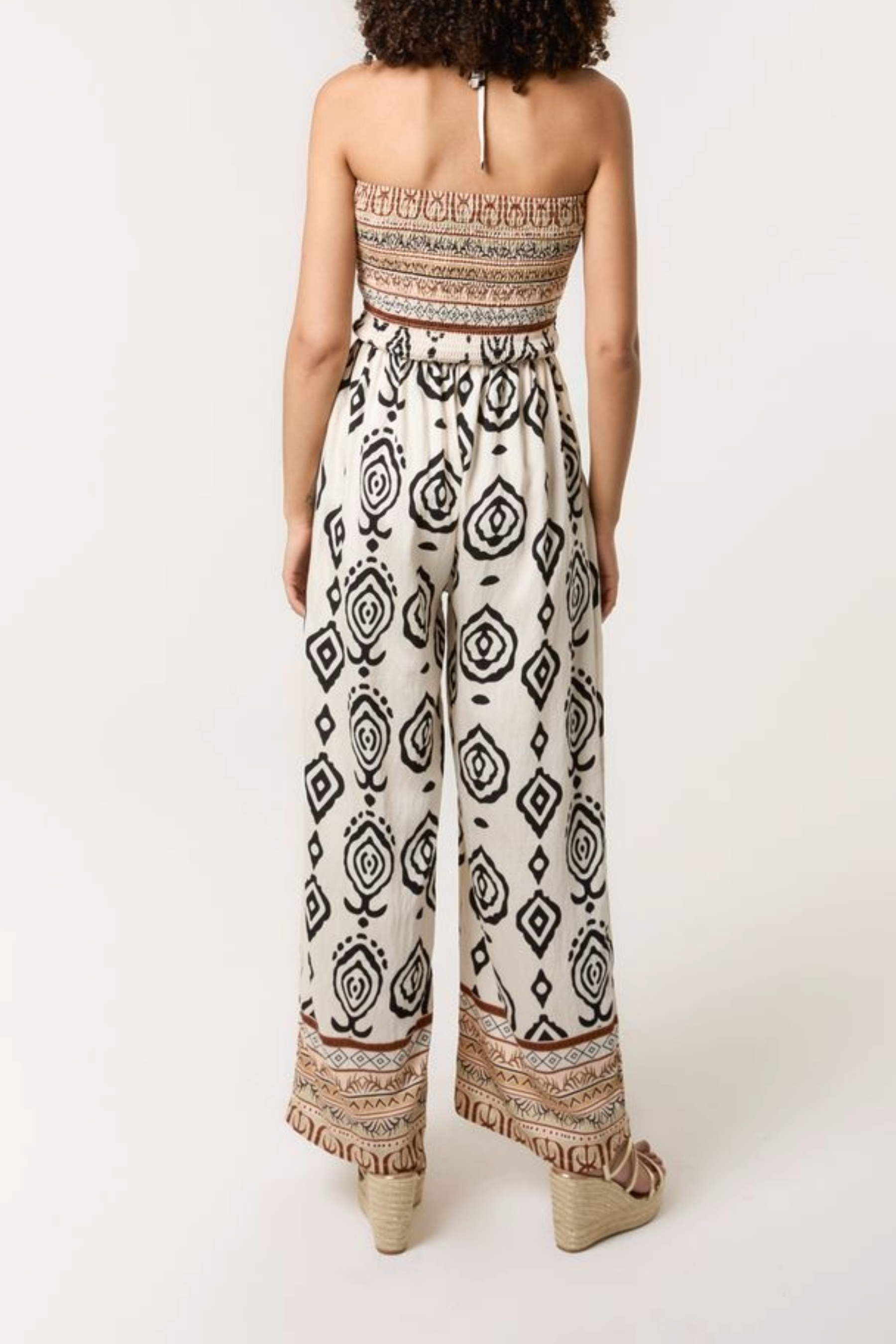 Tribal Print Shirred Bodice Halterneck Jumpsuit