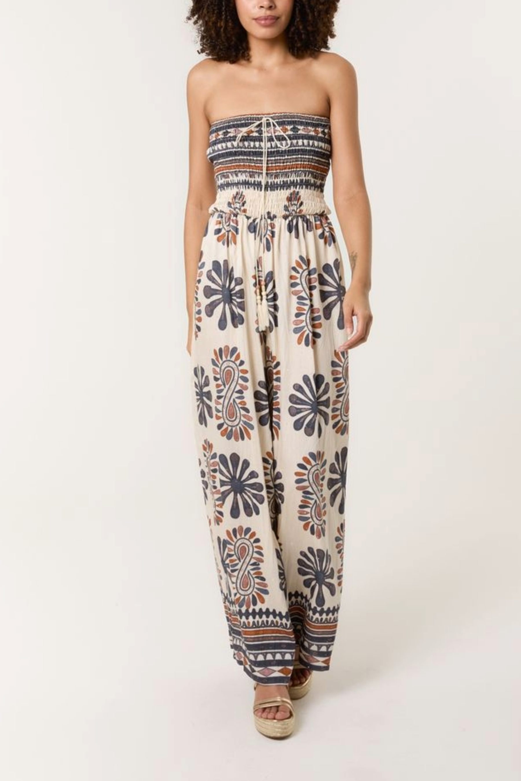 Printed Shirred Bandeau Jumpsuit